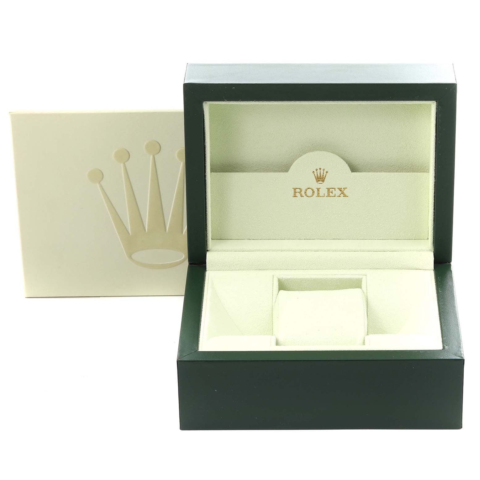 The image shows an open Rolex Datejust 179174 Women's Stainless Steel Pink Dial 179174 Women's Stainless Steel Pink Dial watch box from a front angle, revealing its green and cream interior.