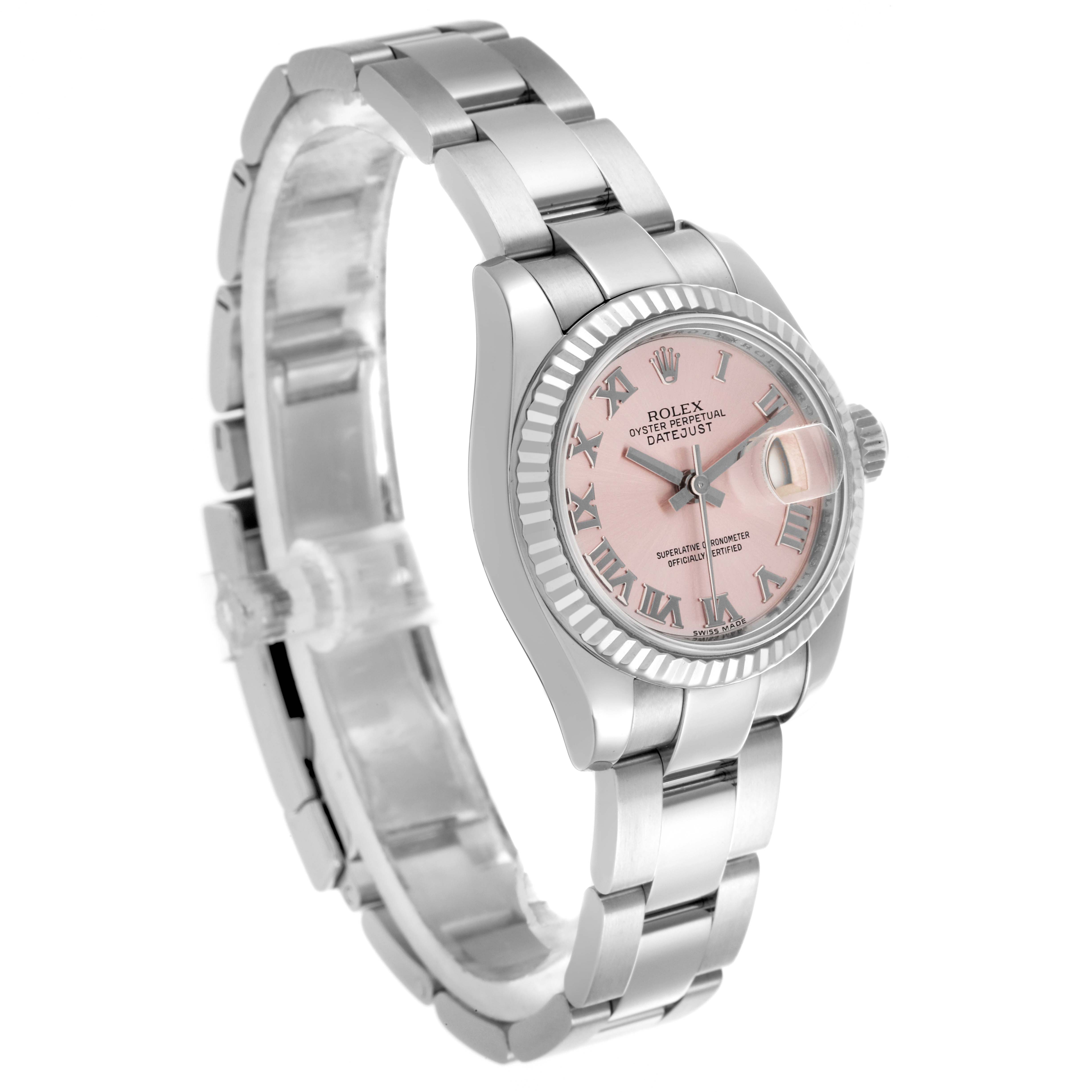 The Rolex Datejust 179174 Women's Stainless Steel Pink Dial 179174 Women's Stainless Steel Pink Dial watch is shown at a three-quarter angle, highlighting the bracelet, bezel, and pink dial with Roman numerals.