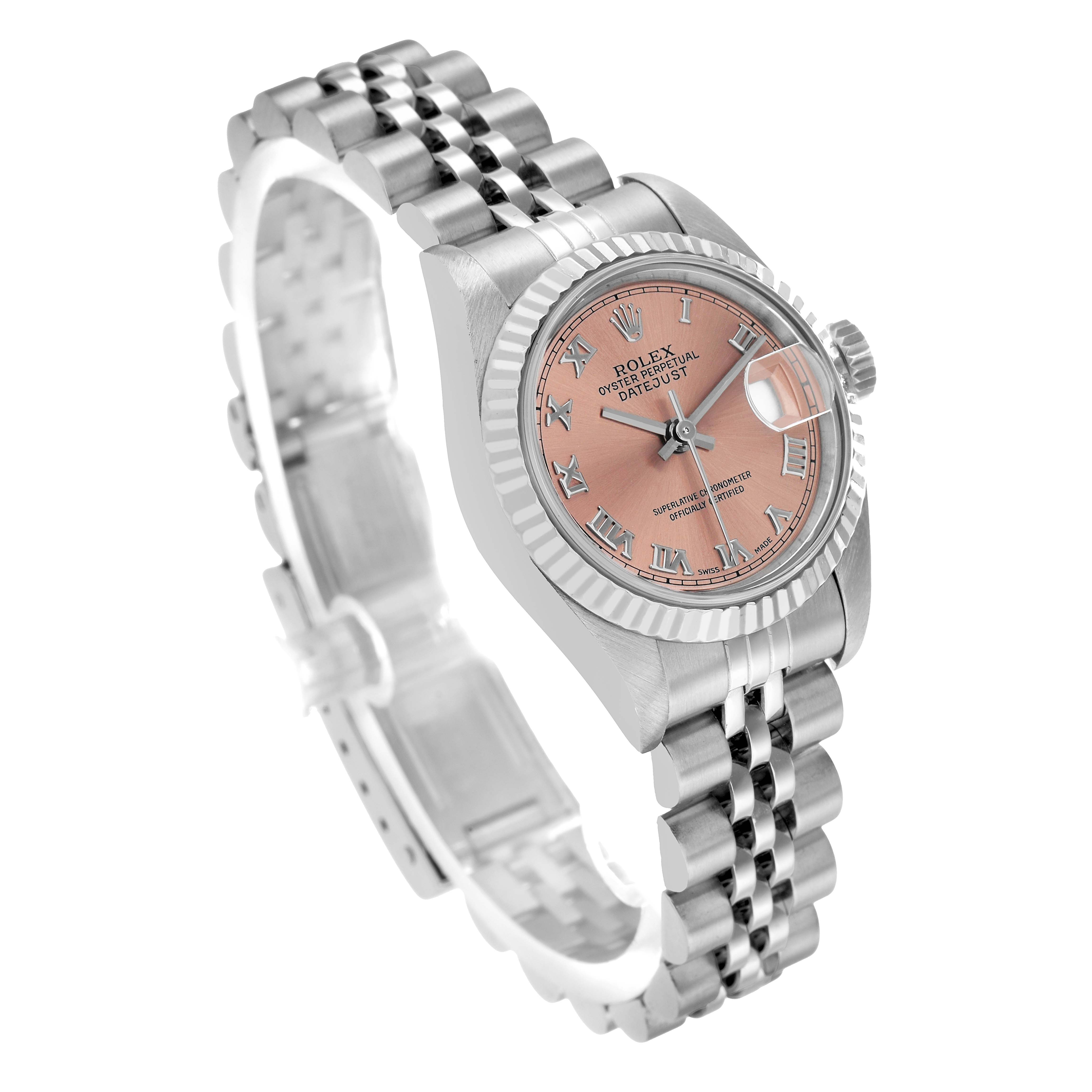 The Rolex Datejust 79174 Women's Stainless Steel Pink Dial is shown at a three-quarter angle, highlighting its pink dial and fluted bezel with a stainless steel jubilee bracelet.