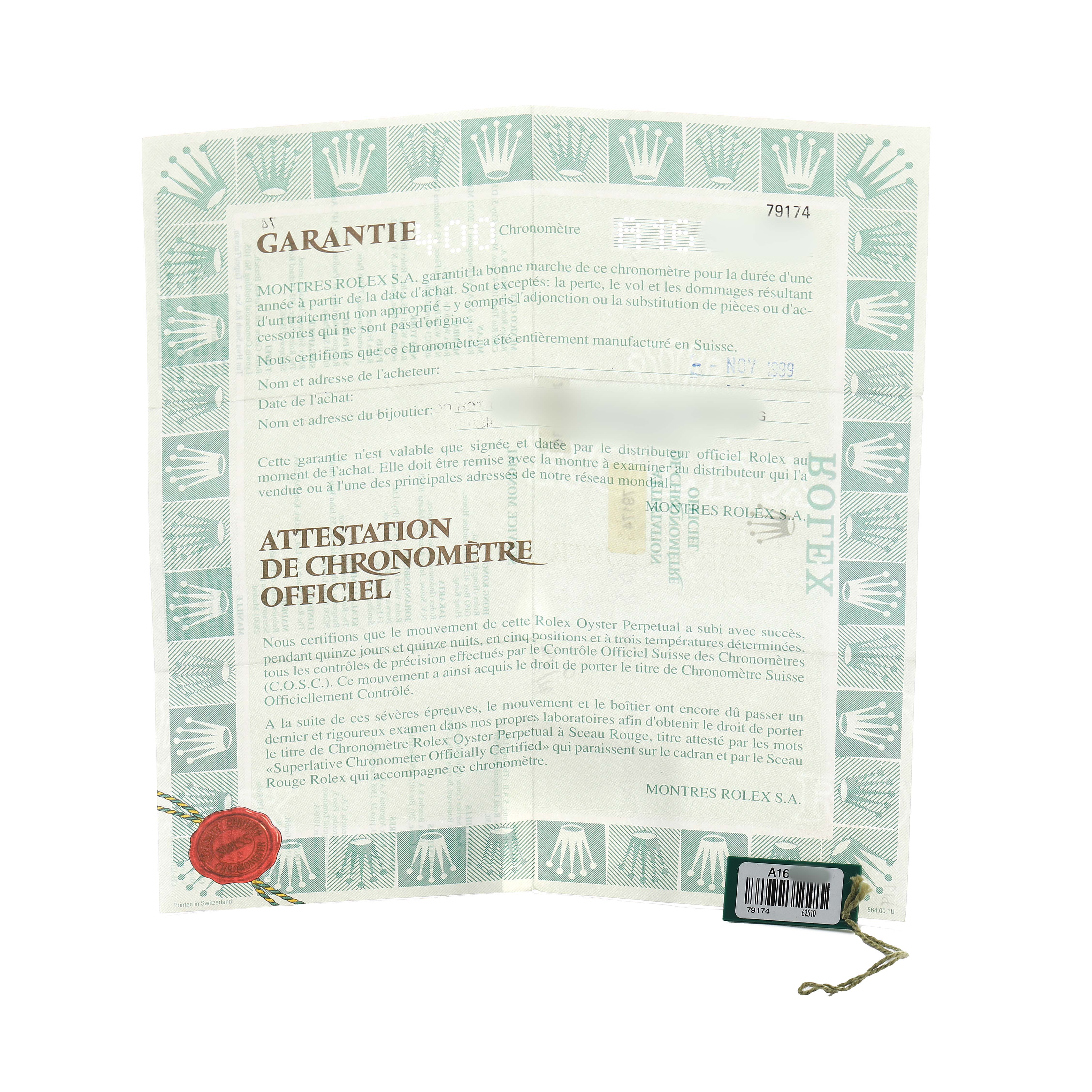 The image shows the warranty and certification papers for a Rolex Datejust 79174 Women's Stainless Steel Pink Dial watch.