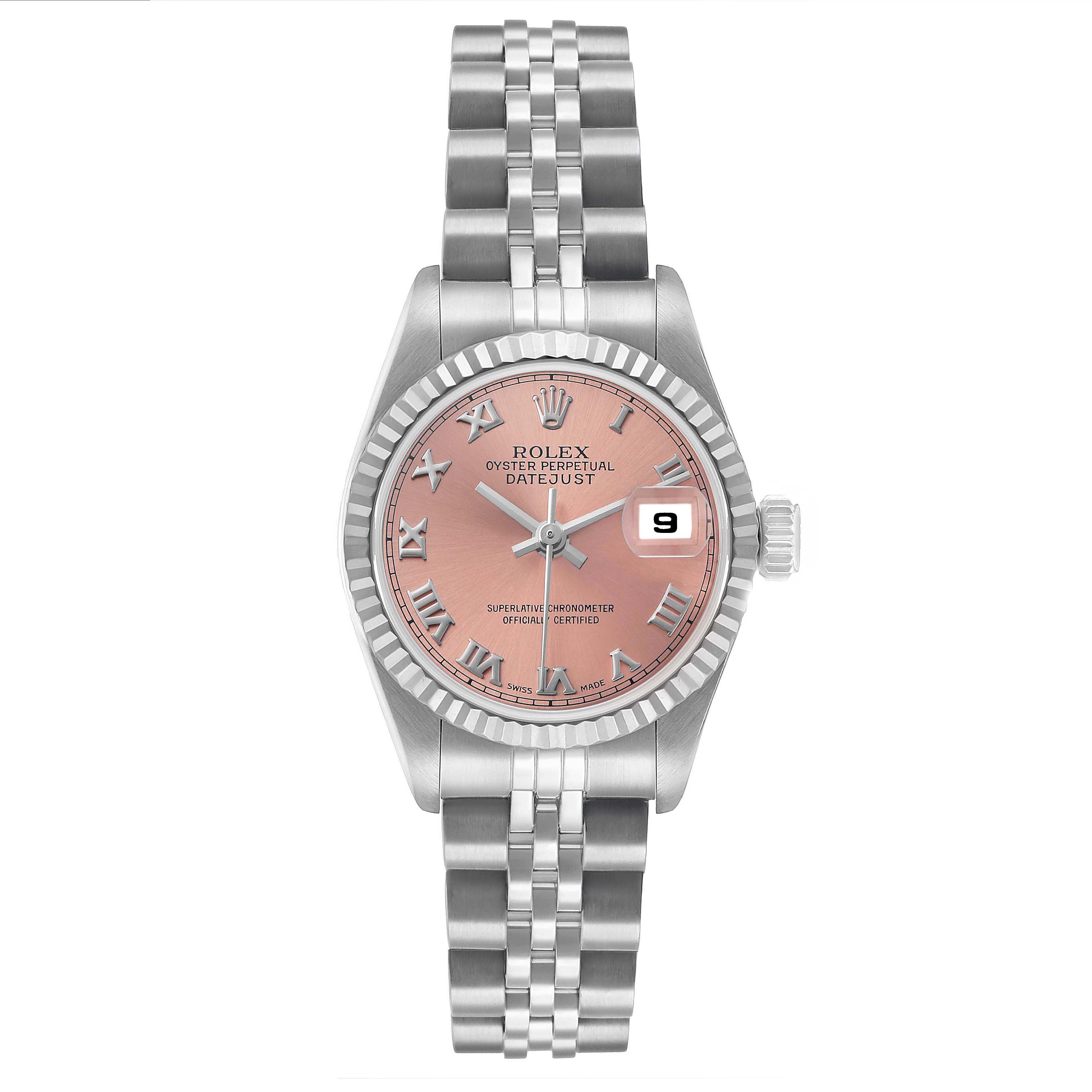 The Rolex Datejust 79174 Women's Stainless Steel Pink Dial watch is shown from a front angle, displaying the dial, bezel, bracelet, and crown.