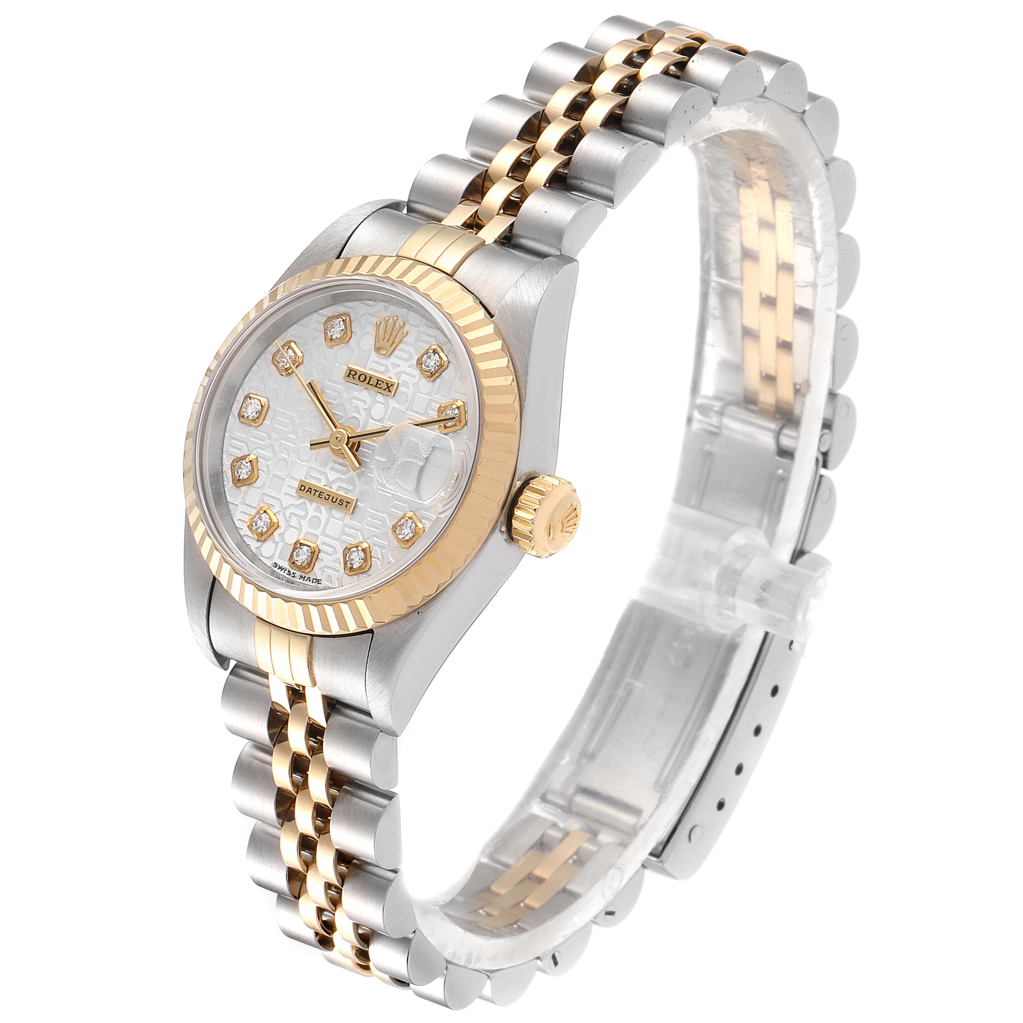 The Rolex Datejust 69173 Women's Steel and Gold (two tone) Silver Dial 69173 Women's Steel and Gold (two tone) Silver Dial watch is shown in a front-side angle featuring its face, bezel, crown, and two-tone Jubilee bracelet.