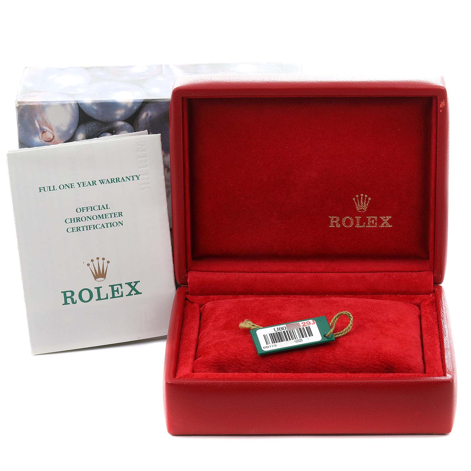The image shows an empty red Rolex watch box for the Datejust model with accompanying warranty and chronometer certification papers.