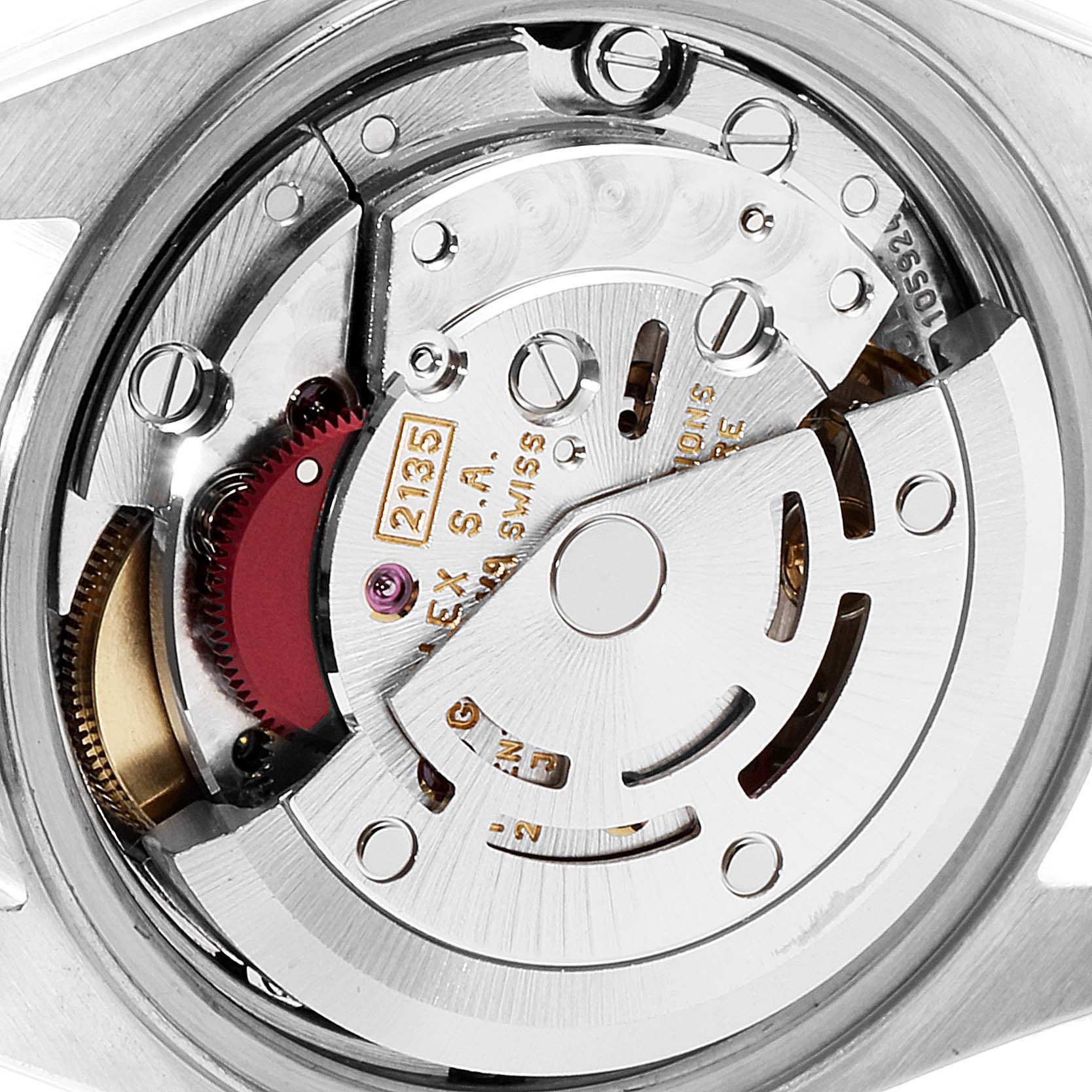 This is an image of the movement mechanism of a Rolex Datejust 69173 Women's Steel and Gold (two tone) Silver Dial 69173 Women's Steel and Gold (two tone) Silver Dial watch taken from the back.