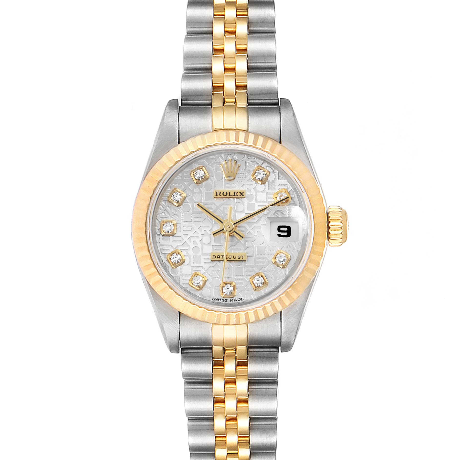 The image shows a front view of a Rolex Datejust 69173 Women's Steel and Gold (two tone) Silver Dial 69173 Women's Steel and Gold (two tone) Silver Dial watch featuring a two-tone bracelet, gold bezel, and date display.
