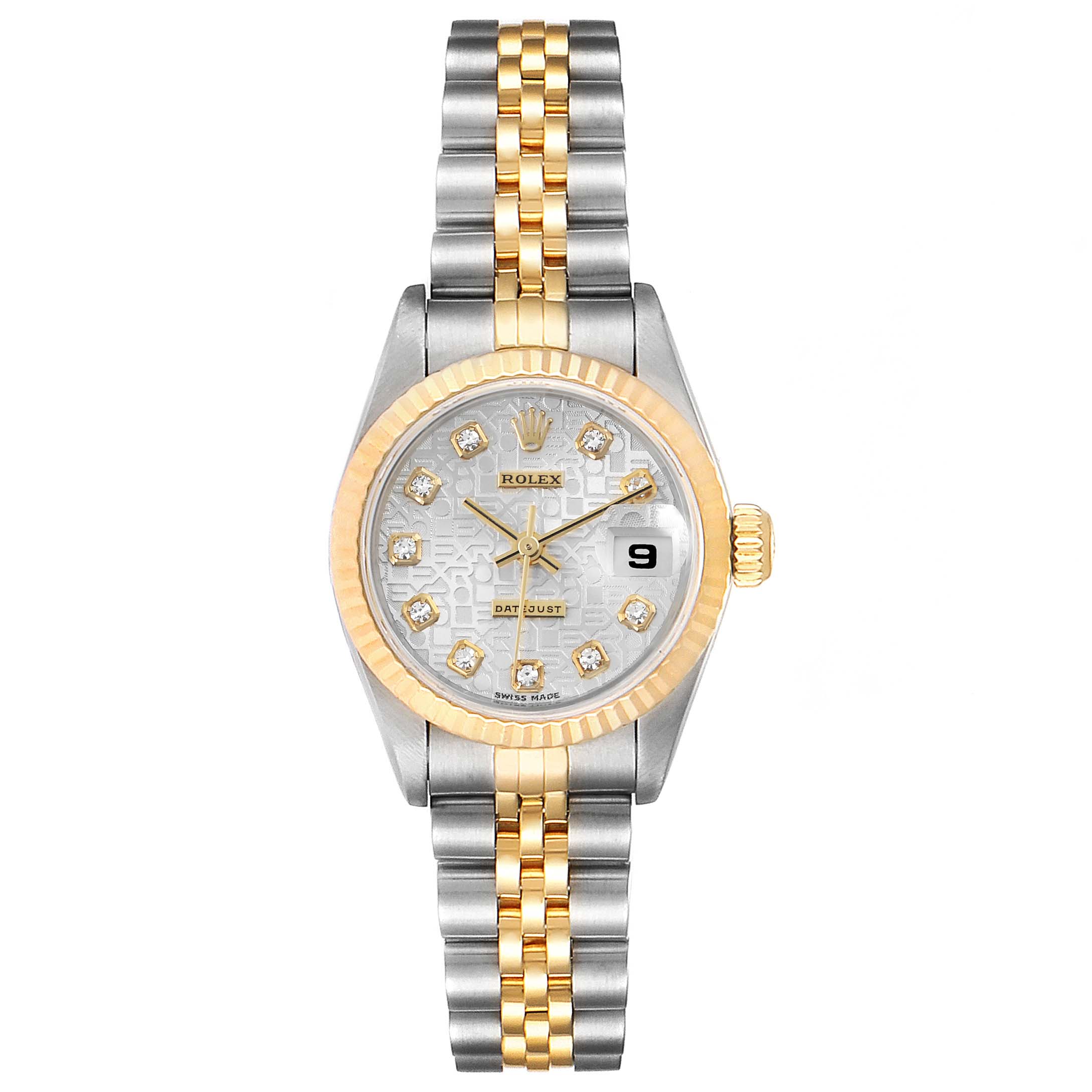 This image shows the front view of the Rolex Datejust 69173 Women's Steel and Gold (two tone) Silver Dial 69173 Women's Steel and Gold (two tone) Silver Dial watch, highlighting the dial, bezel, and two-tone bracelet.