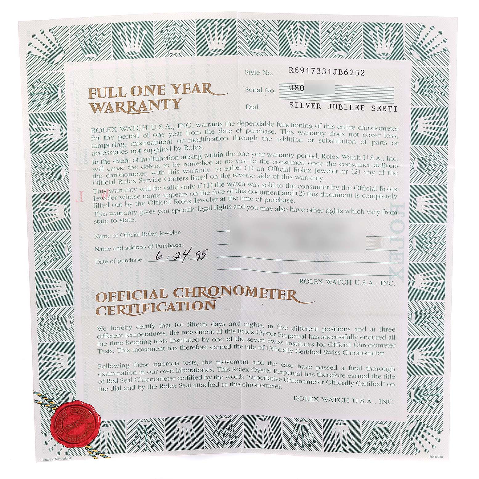 This image shows the warranty and official chronometer certification for a Rolex Datejust 69173 Women's Steel and Gold (two tone) Silver Dial 69173 Women's Steel and Gold (two tone) Silver Dial watch.