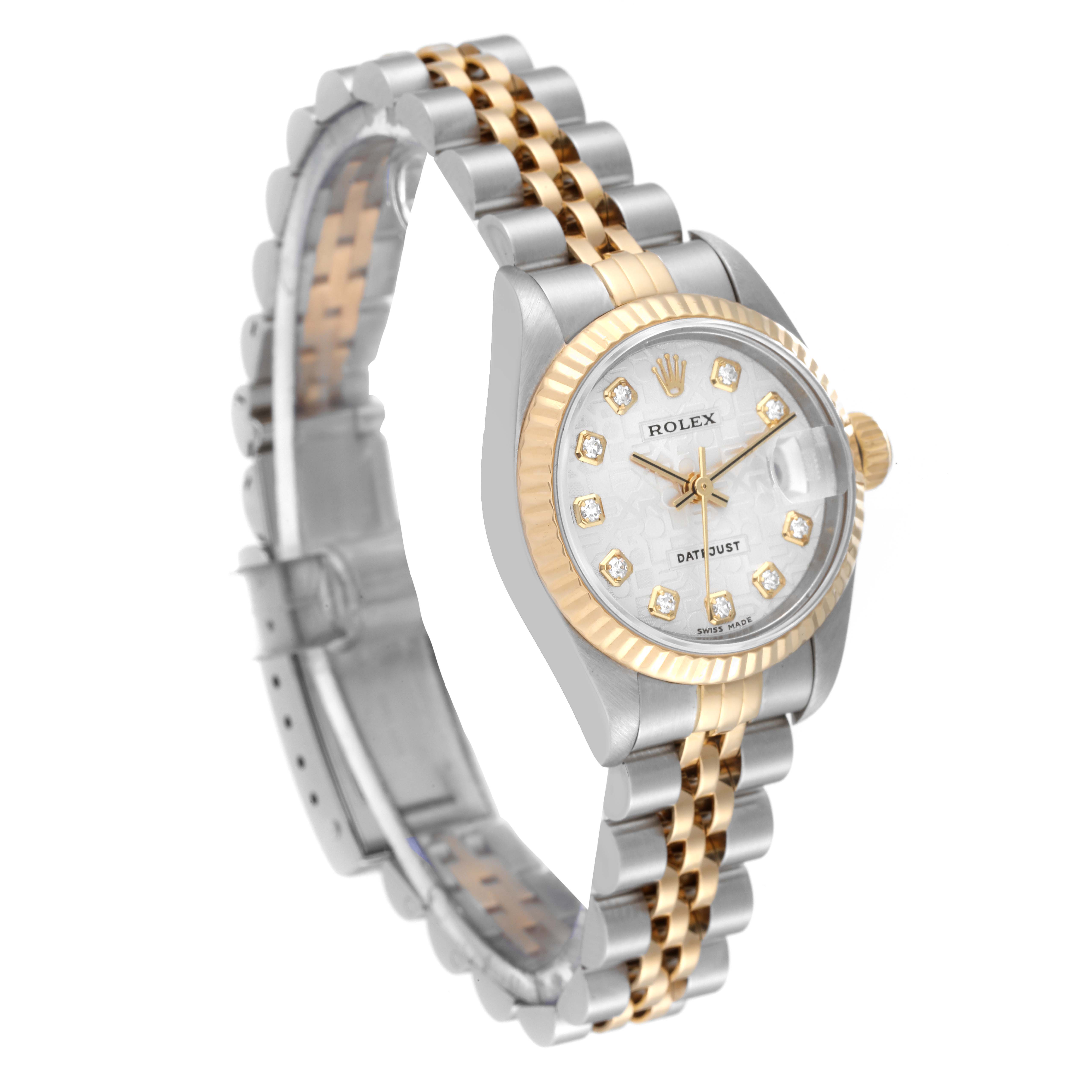 This image shows a three-quarter angle of a Rolex Datejust 79173G Women's Steel and Gold (two tone) Silver Dial 79173G Women's Steel and Gold (two tone) Silver Dial watch, highlighting the face, bezel, and Jubilee bracelet.