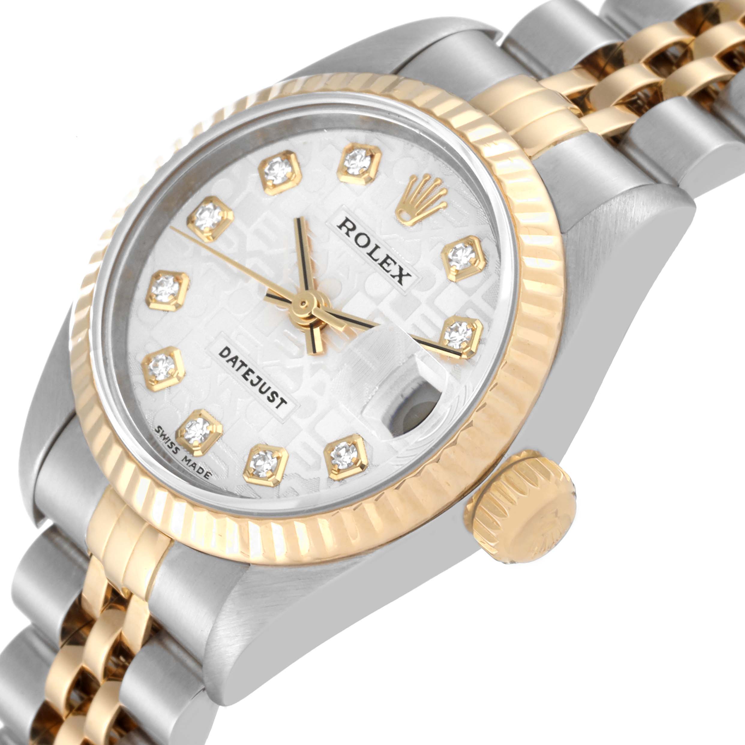 The image shows a close-up, angled view of a Rolex Datejust 79173G Women's Steel and Gold (two tone) Silver Dial 79173G Women's Steel and Gold (two tone) Silver Dial watch, highlighting its face, bezel, crown, and a portion of the band.