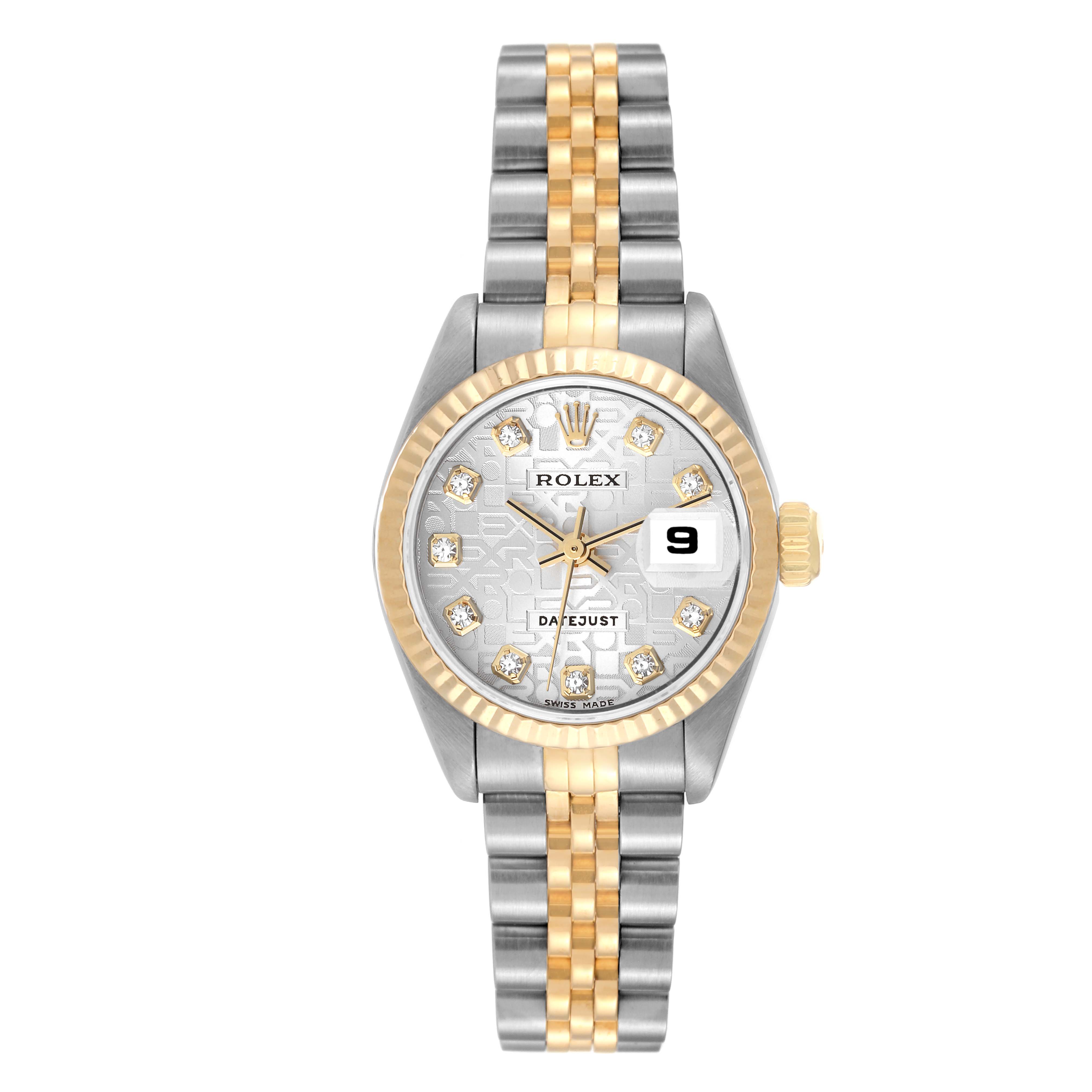 This Rolex Datejust 79173G Women's Steel and Gold (two tone) Silver Dial 79173G Women's Steel and Gold (two tone) Silver Dial watch is shown from a front angle displaying the face, bezel, crown, and bracelet.