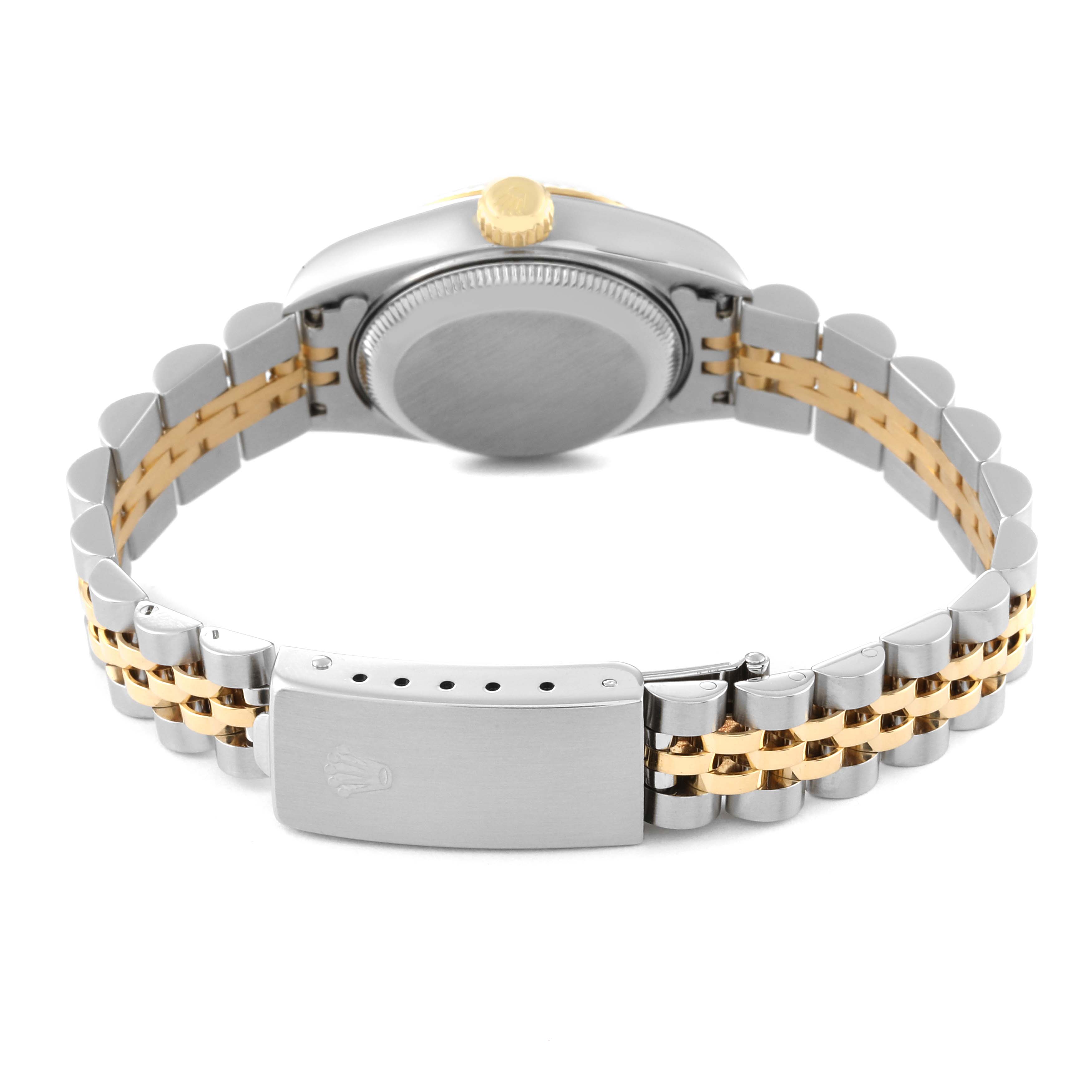 The image shows the back angle of a Rolex Datejust 79173G Women's Steel and Gold (two tone) Silver Dial 79173G Women's Steel and Gold (two tone) Silver Dial watch, highlighting the case back, crown, and metal bracelet clasp.