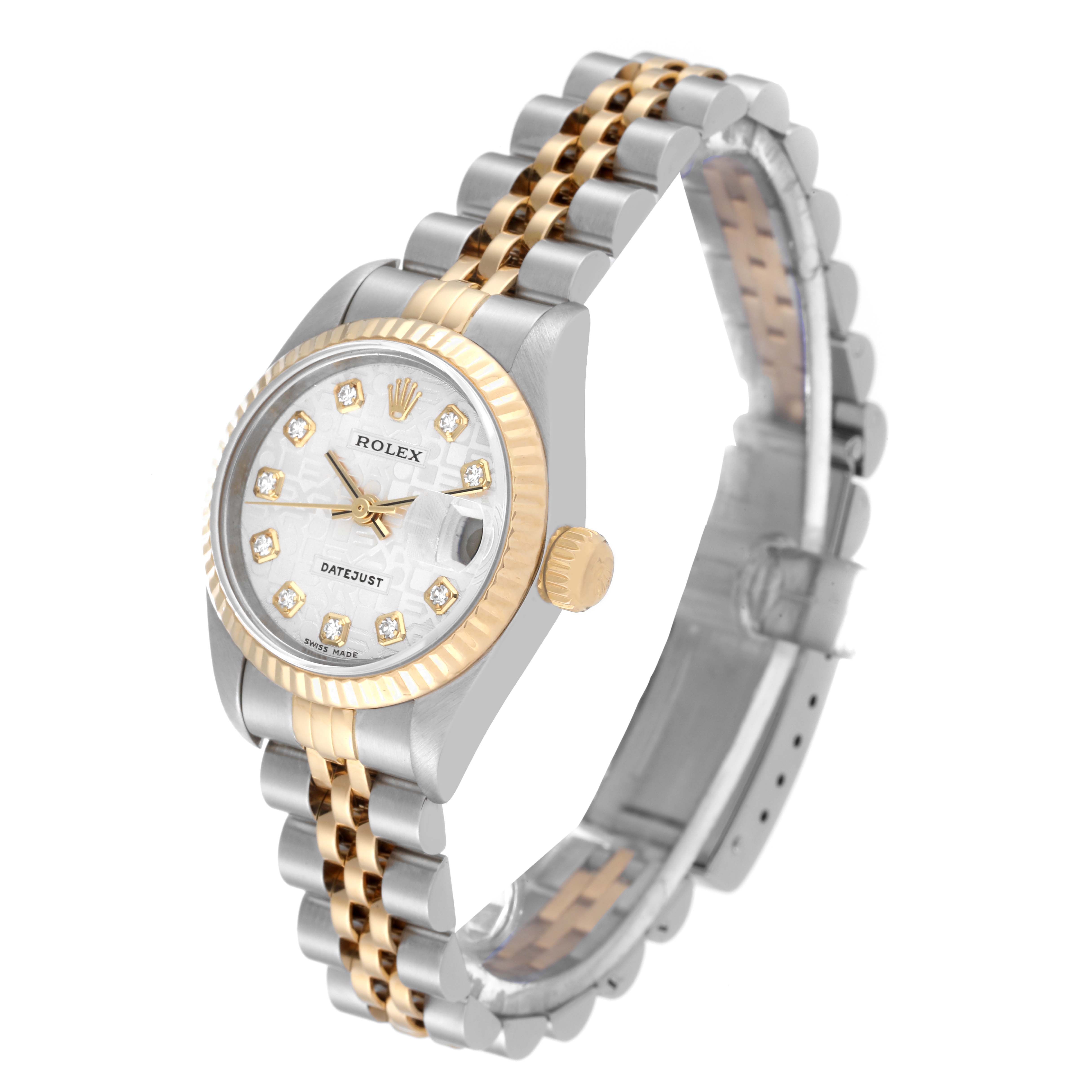 The Rolex Datejust 79173G Women's Steel and Gold (two tone) Silver Dial 79173G Women's Steel and Gold (two tone) Silver Dial watch is shown at a slight angle, highlighting the bezel, crown, dial, and two-tone bracelet.