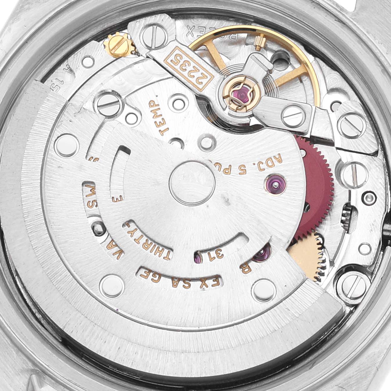 The image shows the internal mechanical movement of a Rolex Datejust 79173G Women's Steel and Gold (two tone) Silver Dial 79173G Women's Steel and Gold (two tone) Silver Dial watch from a top-down angle.