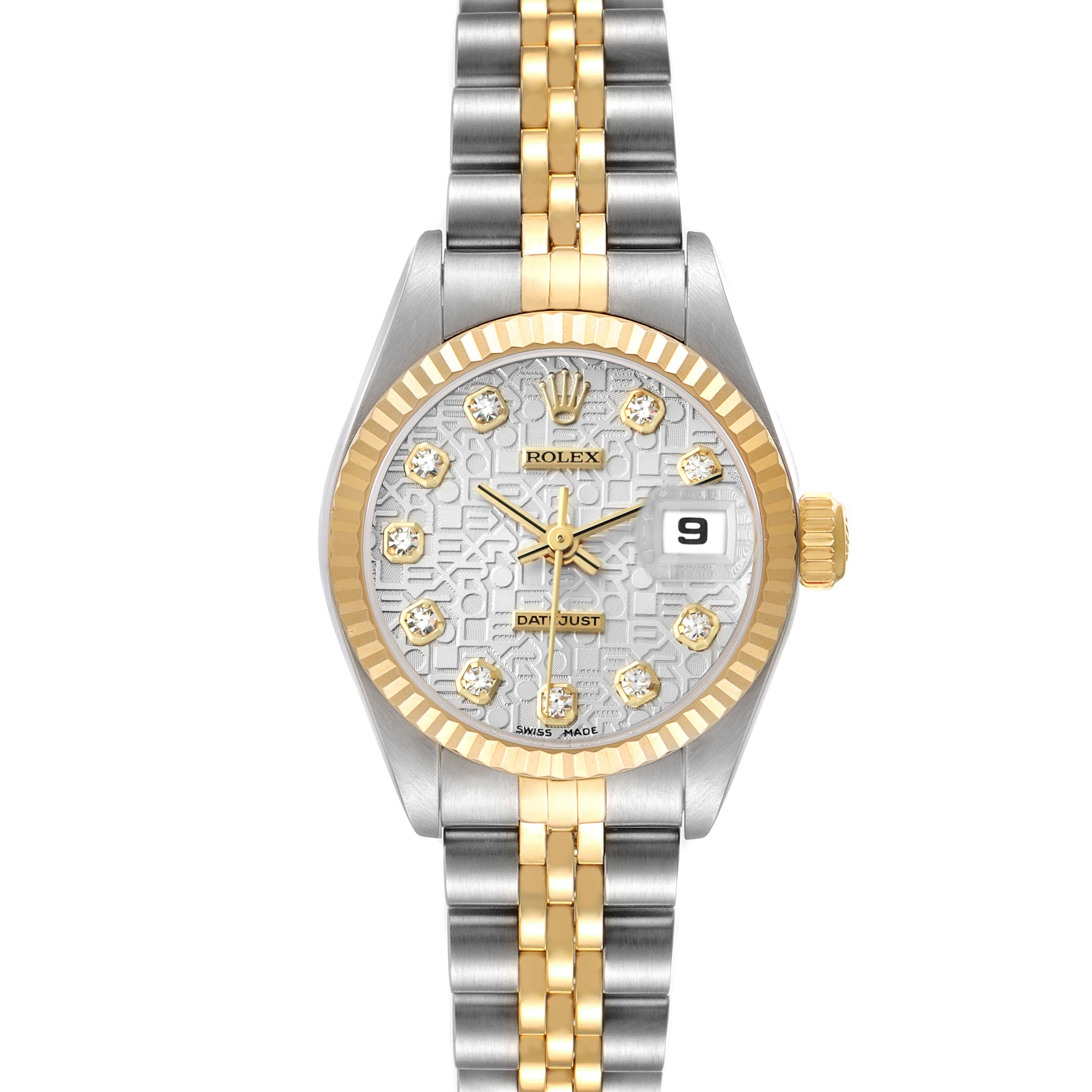 The Rolex Datejust 79173 Women's Steel and Gold (two tone) Silver Dial watch is shown from the front, featuring a gold-and-silver bracelet, fluted bezel, and a date display.