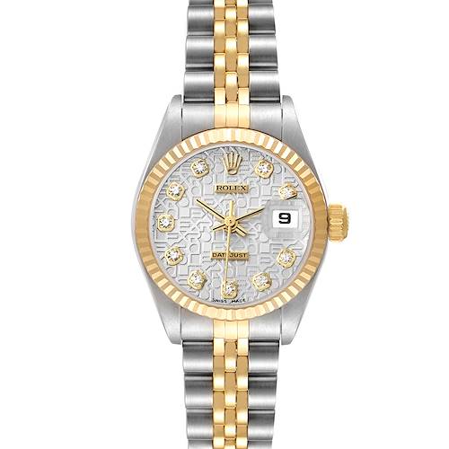 The image shows a frontal view of a Rolex Datejust 79173 Women's Steel and Gold (two tone) Silver Dial watch, highlighting its gold and silver Jubilee bracelet, fluted bezel, and diamond hour markers.