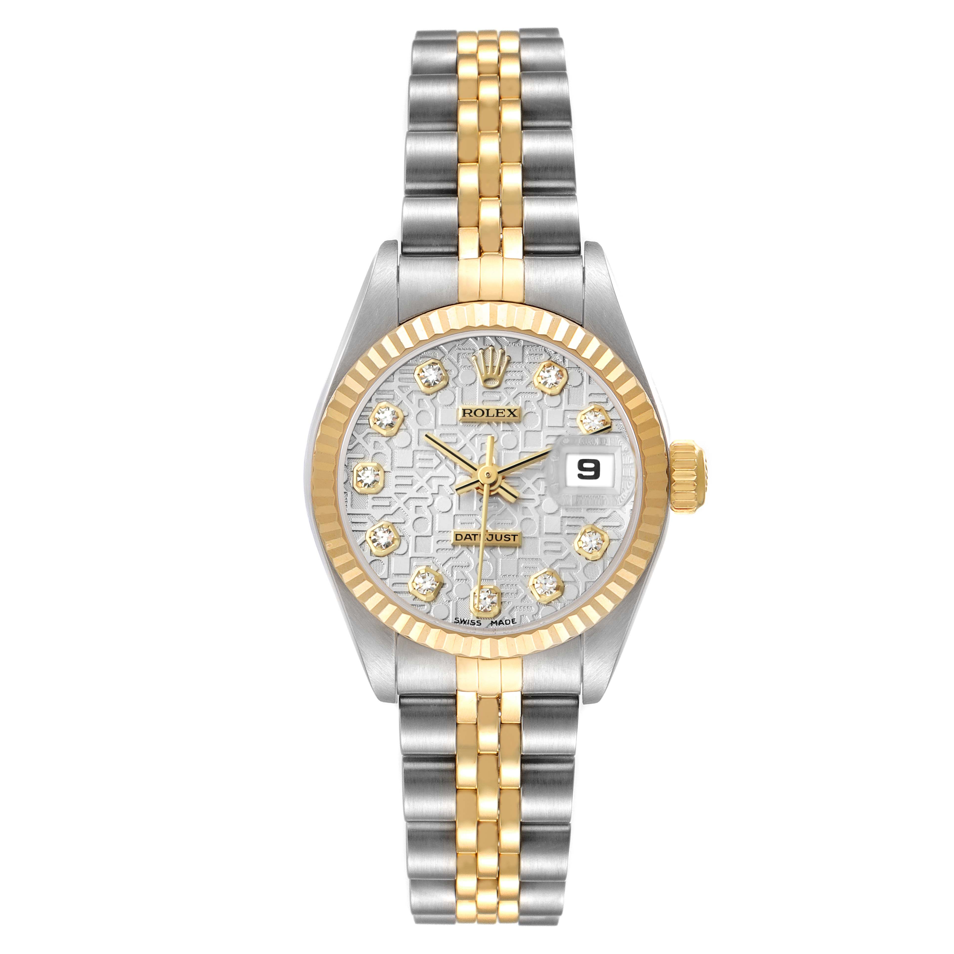 The Rolex Datejust 79173 Women's Steel and Gold (two tone) Silver Dial watch is shown from a front angle, highlighting its silver and gold bezel, dial, and two-tone bracelet.