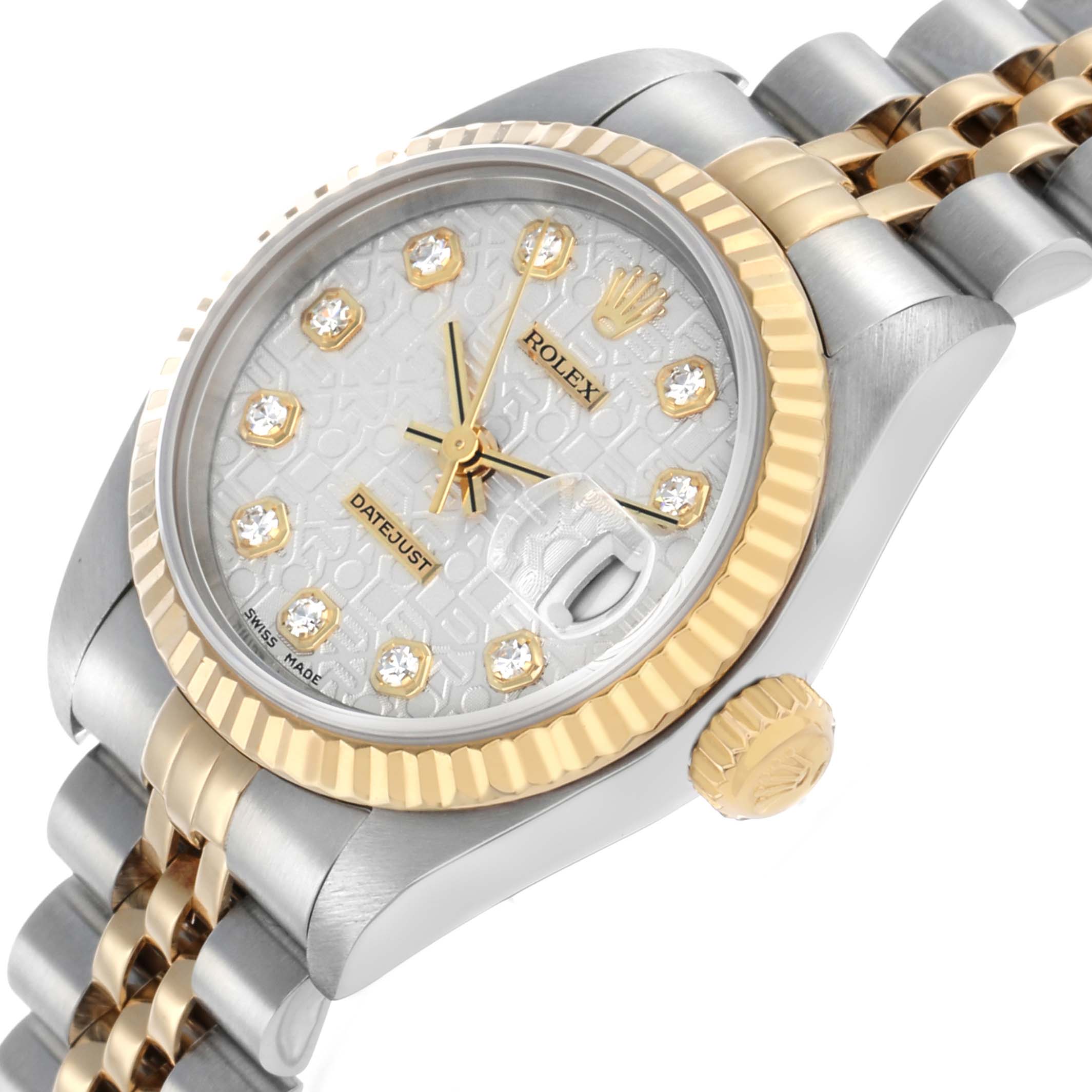 The image shows a Rolex Datejust 79173 Women's Steel and Gold (two tone) Silver Dial watch from a side angle, highlighting the dial, bezel, crown, and part of the bracelet.