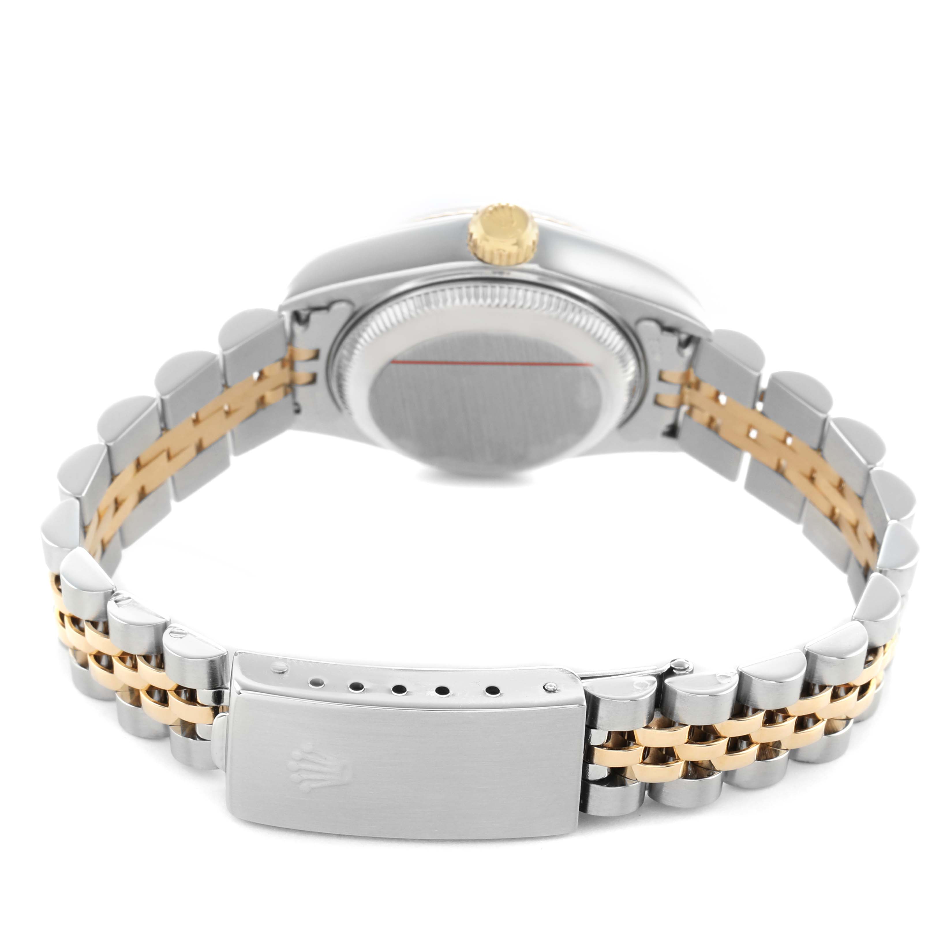 The image shows the backside of a Rolex Datejust 79173 Women's Steel and Gold (two tone) Silver Dial, highlighting the bracelet, clasp, case back, and crown.