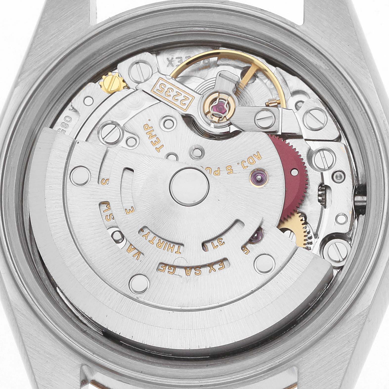 The image shows the movement from a rear angle of a Rolex Datejust 79173 Women's Steel and Gold (two tone) Silver Dial watch, focusing on the internal mechanism.
