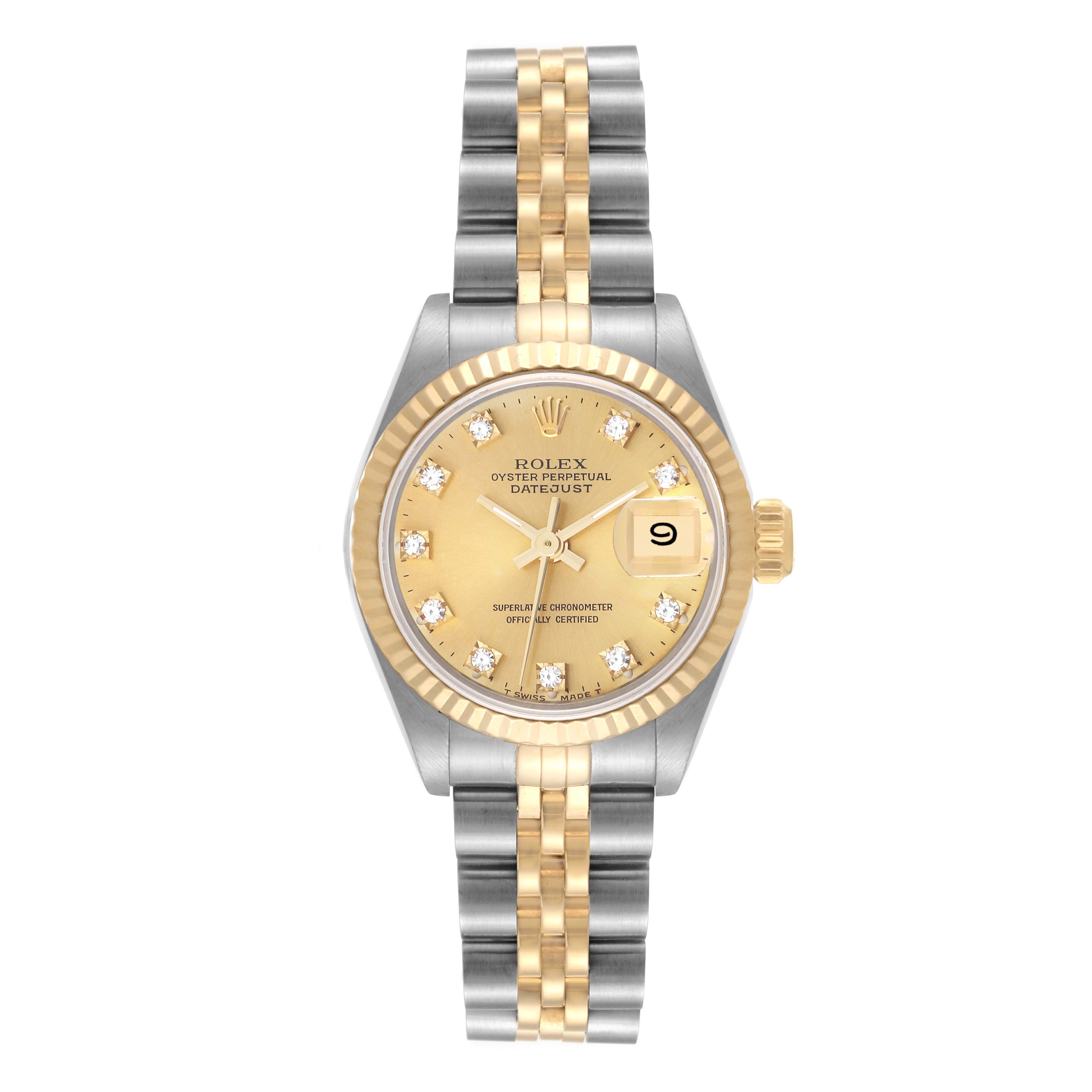 This image shows a front view of a Rolex Datejust 69173 Women's Steel and Gold (two tone) Champagne Dial 69173 Women's Steel and Gold (two tone) Champagne Dial watch, displaying its dial, bezel, case, and Jubilee bracelet.