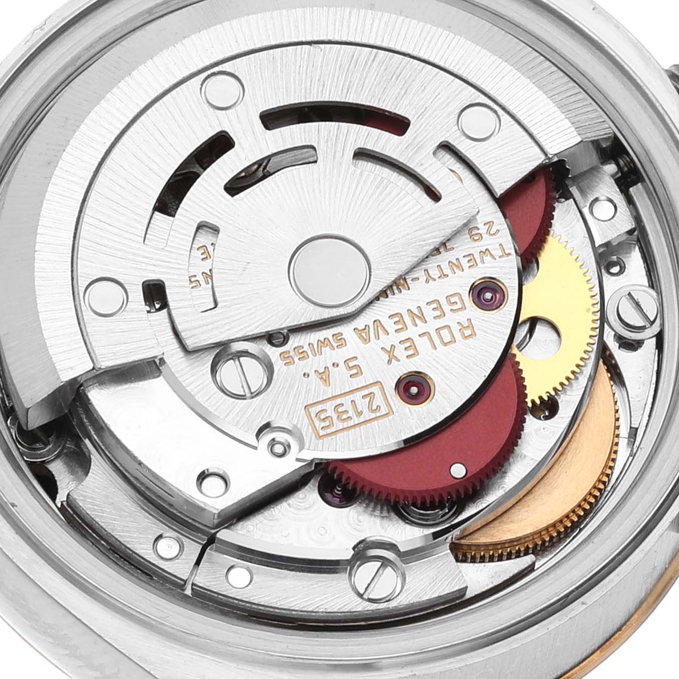 This image shows the intricate internal mechanism of a Rolex Datejust 69173 Women's Steel and Gold (two tone) Champagne Dial 69173 Women's Steel and Gold (two tone) Champagne Dial watch, detailing its movement components.