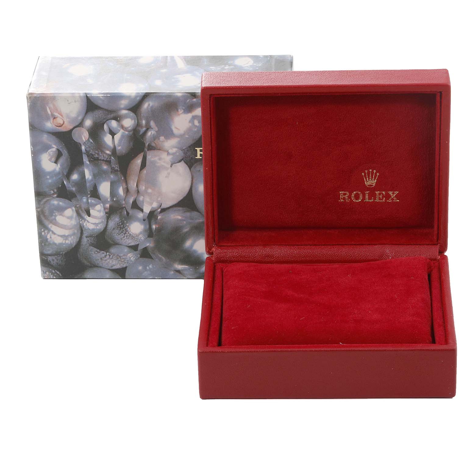 This image shows a red Rolex box and its outer box for the Datejust model, with the box opened to display the interior.