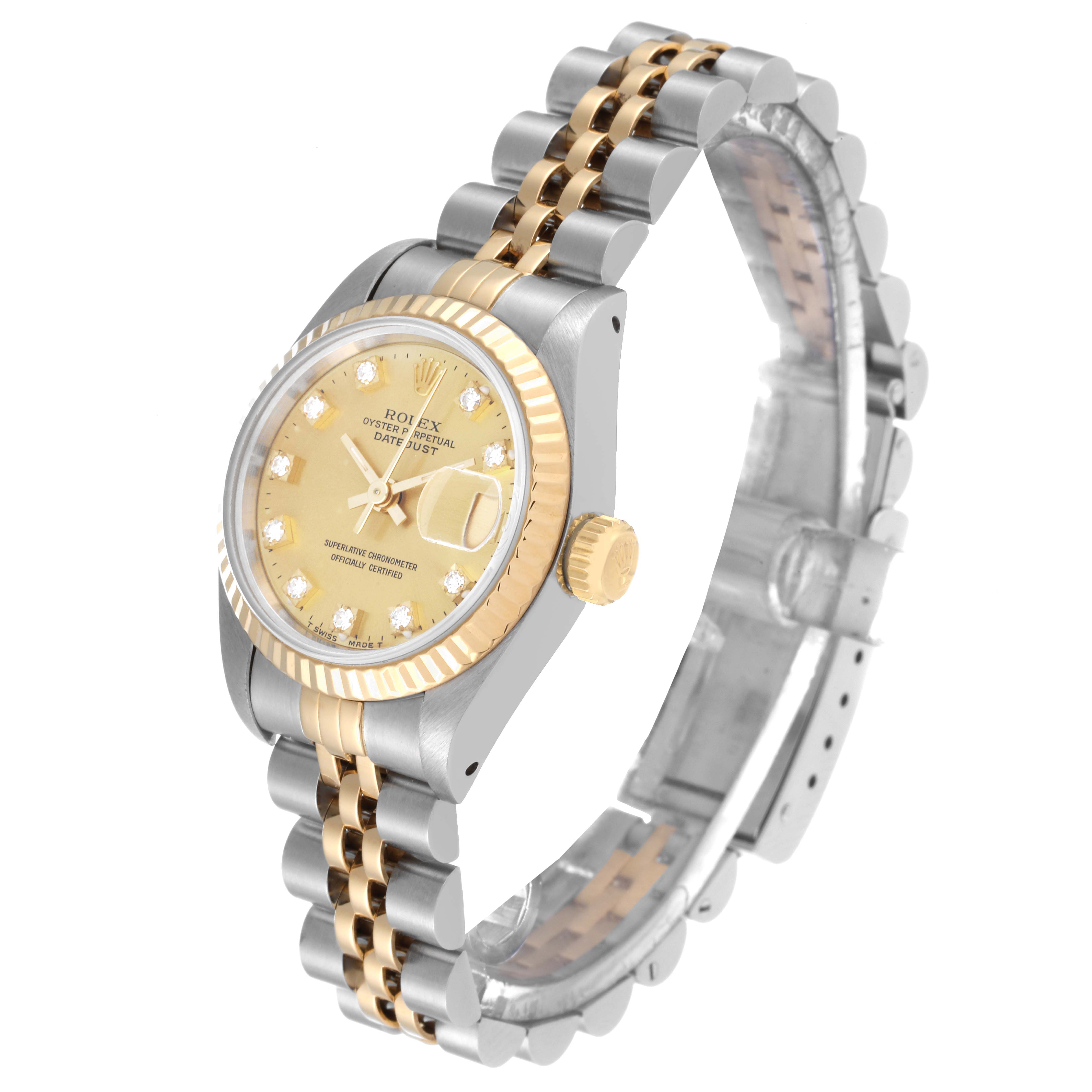 The image shows a Rolex Datejust 69173 Women's Steel and Gold (two tone) Champagne Dial 69173 Women's Steel and Gold (two tone) Champagne Dial watch at a three-quarter view, highlighting its face, bezel, and bracelet.