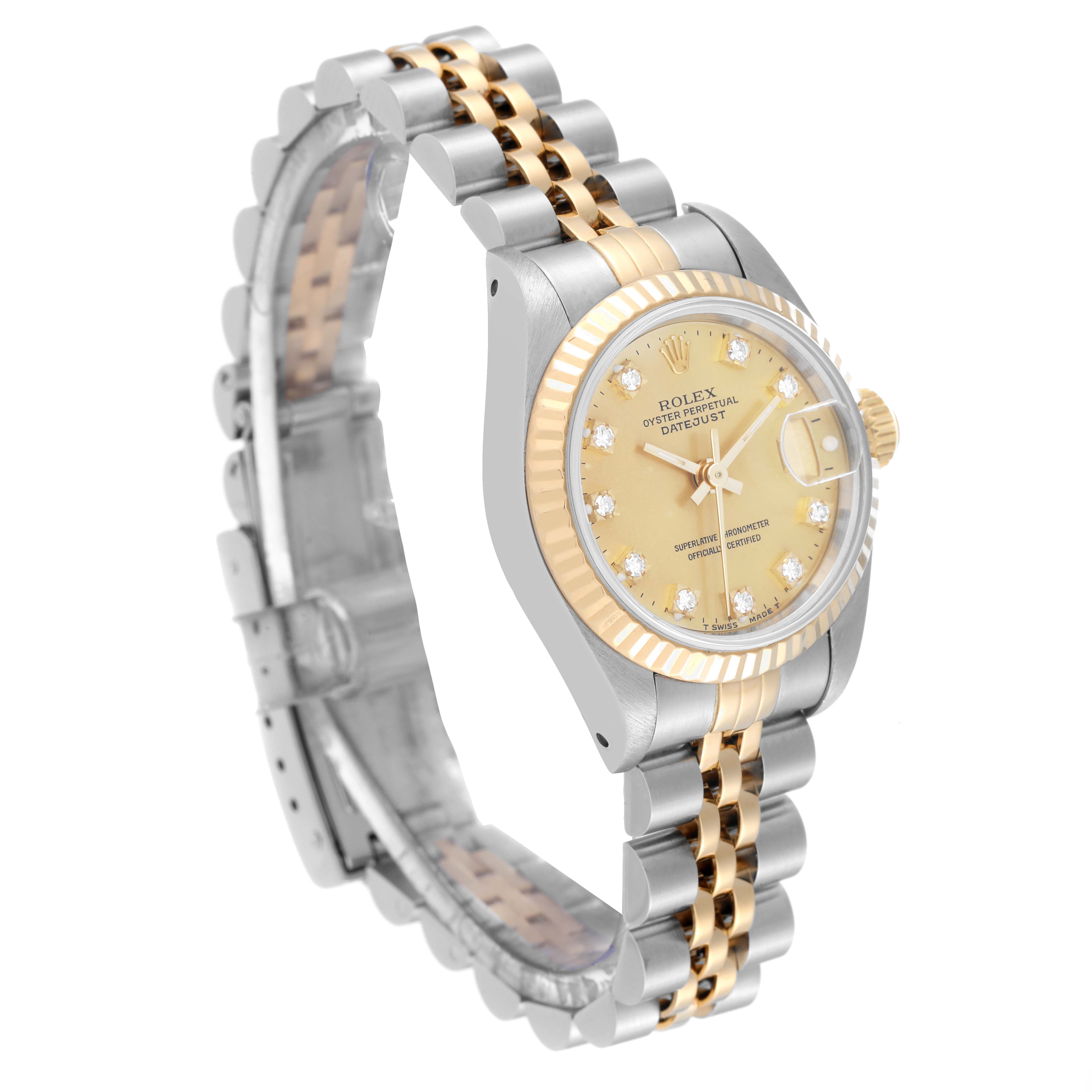 The image shows a Rolex Datejust 69173 Women's Steel and Gold (two tone) Champagne Dial 69173 Women's Steel and Gold (two tone) Champagne Dial watch at a three-quarter angle, highlighting the face, bezel, crown, and two-tone bracelet.