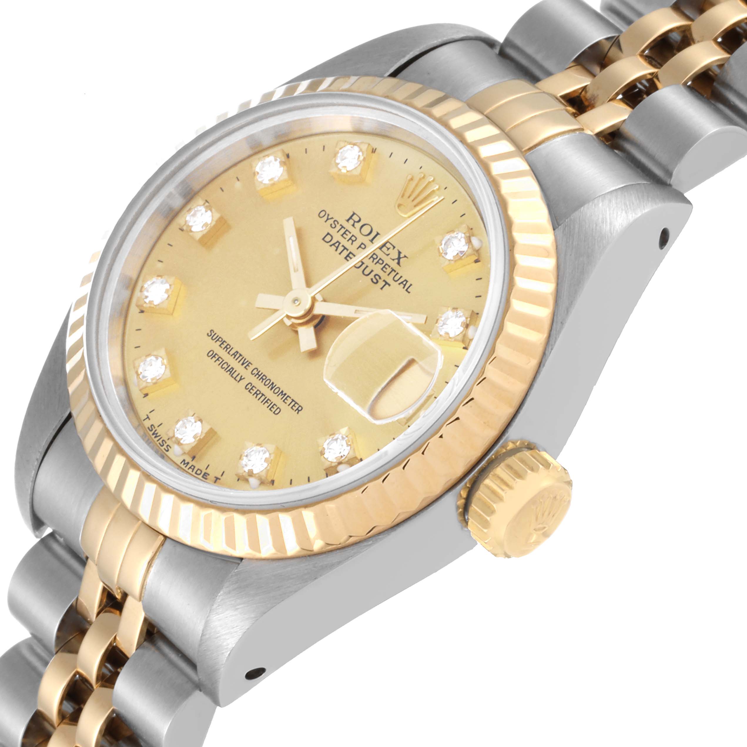 The image shows a close-up view of a Rolex Datejust 69173 Women's Steel and Gold (two tone) Champagne Dial 69173 Women's Steel and Gold (two tone) Champagne Dial watch, highlighting its dial, crown, and two-tone Jubilee bracelet at an oblique angle.