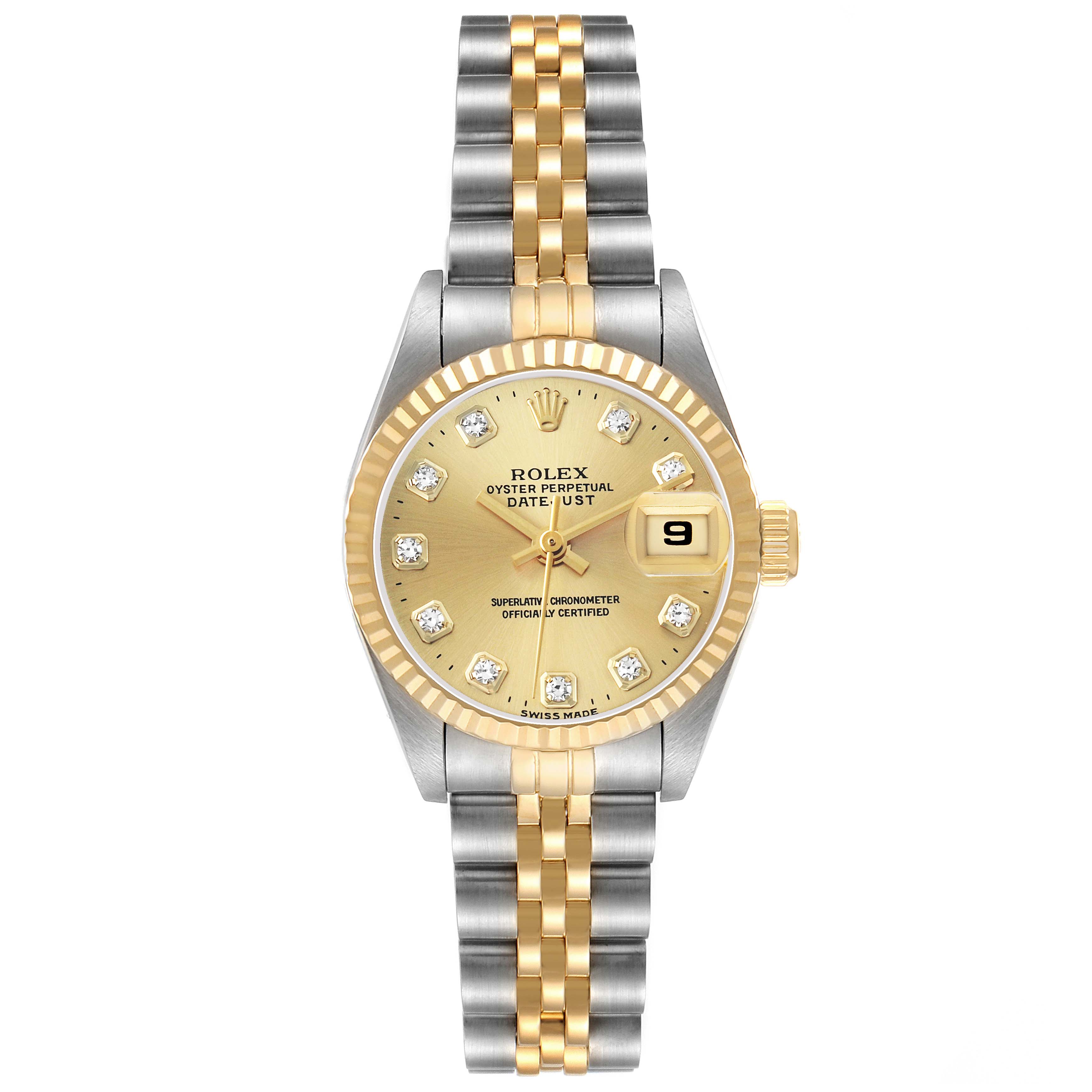 The Rolex Datejust 69173 Women's Steel and Gold (two tone) Champagne Dial is shown from a top-down angle, displaying the gold dial, diamond markers, fluted bezel, and Jubilee bracelet.