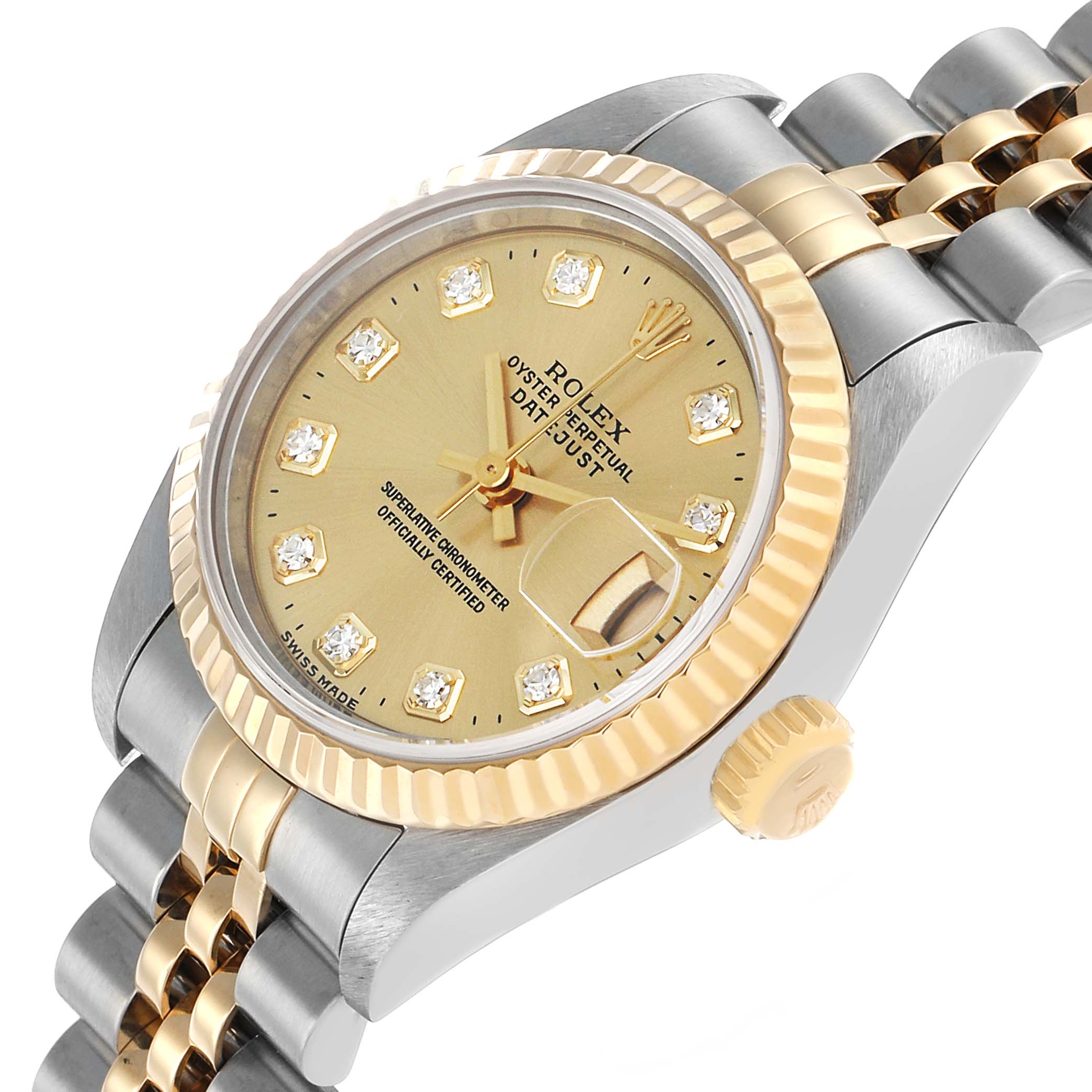 The Rolex Datejust 69173 Women's Steel and Gold (two tone) Champagne Dial watch is shown at an angled view, highlighting the dial, bezel, crown, and part of the bracelet.
