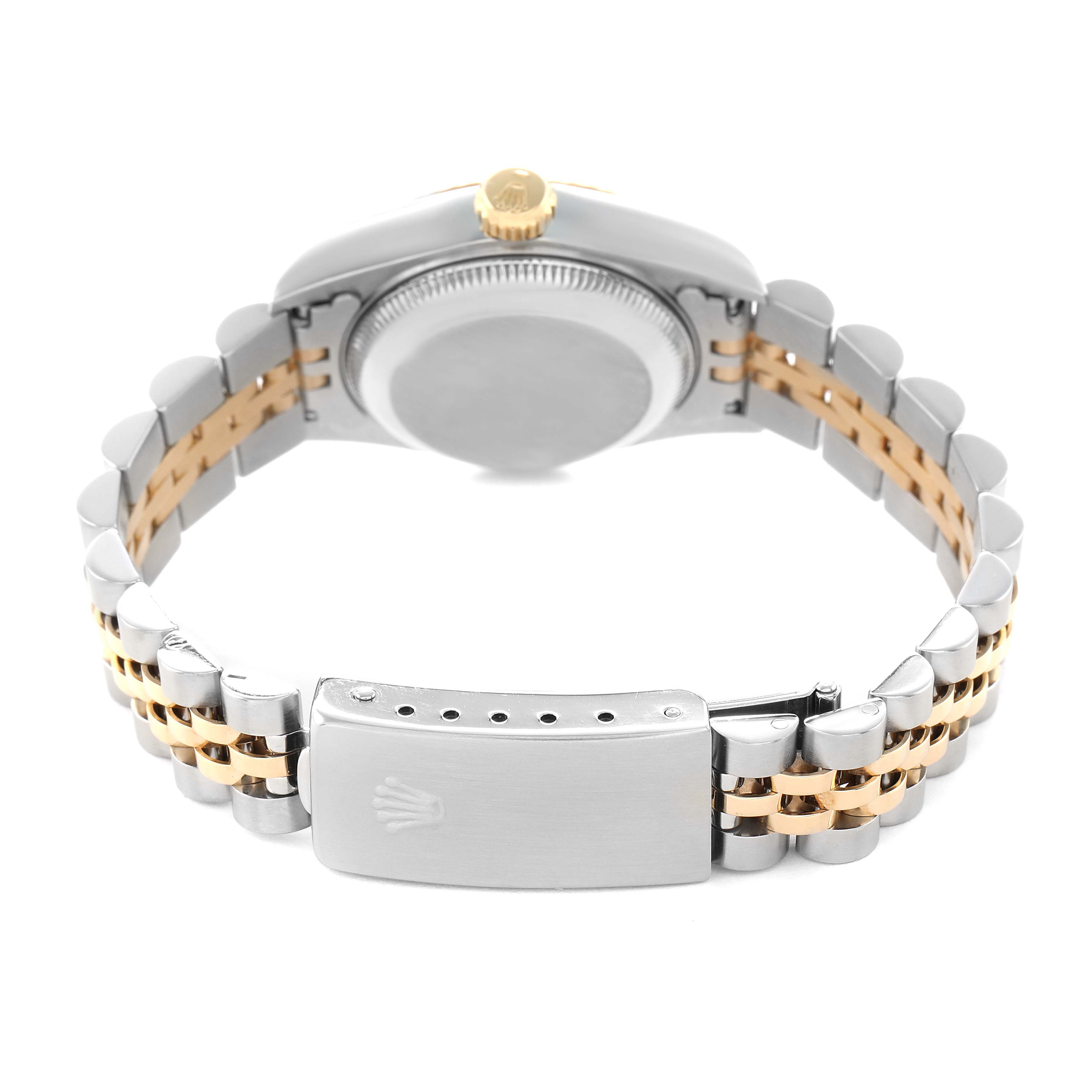 The image shows the back view of a Rolex Datejust 69173 Women's Steel and Gold (two tone) Champagne Dial, highlighting the clasp, case back, and bi-metal bracelet.