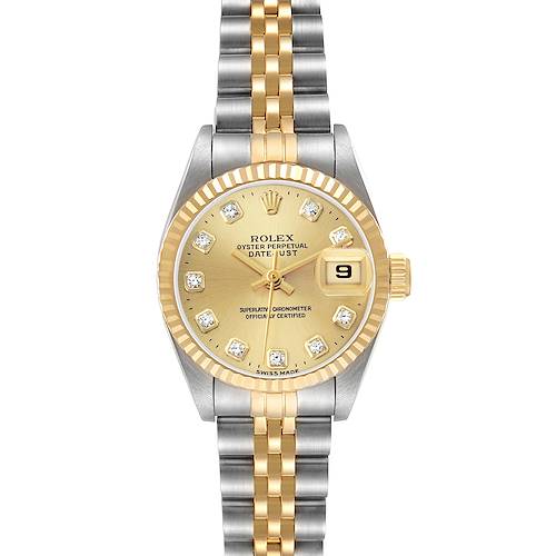The Rolex Datejust 69173 Women's Steel and Gold (two tone) Champagne Dial watch is shown from a top-down angle, highlighting the gold and silver bracelet, diamond markers, and date display.