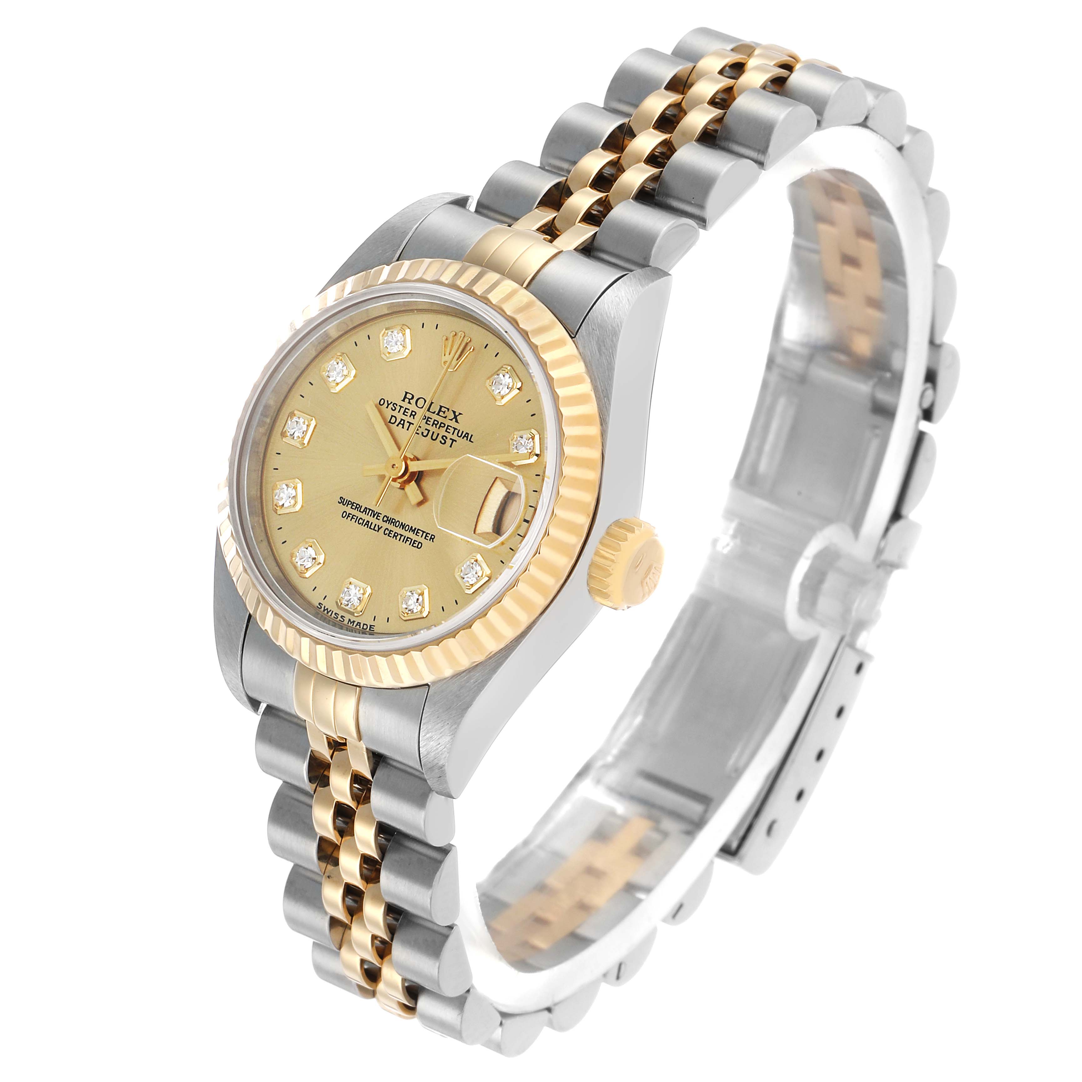 The Rolex Datejust 69173 Women's Steel and Gold (two tone) Champagne Dial watch is shown at an angled view, displaying the gold and silver bracelet, fluted bezel, and dial with diamond markers.