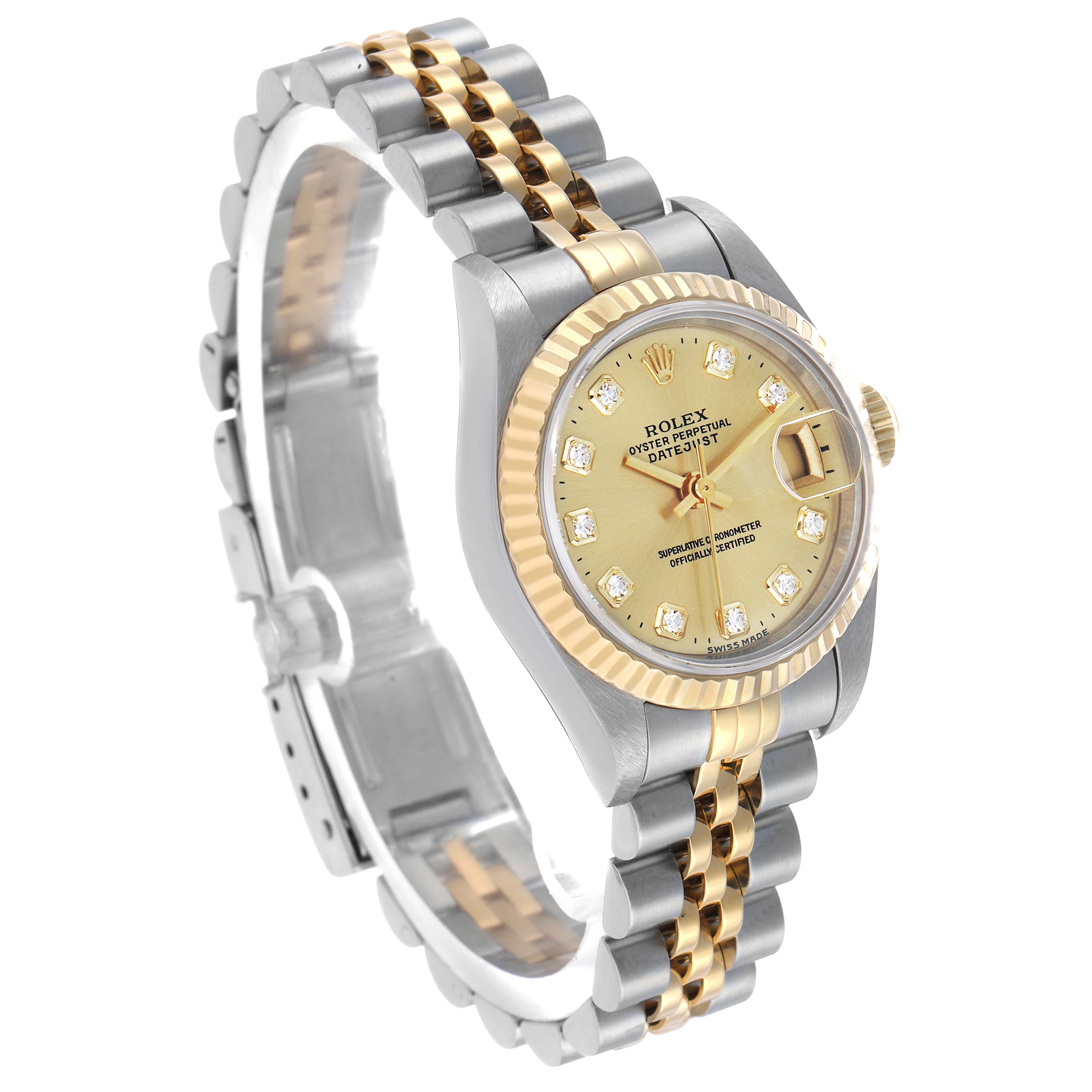 The Rolex Datejust 69173 Women's Steel and Gold (two tone) Champagne Dial watch is shown in a three-quarter angle, displaying the dial, fluted bezel, and two-tone Jubilee bracelet.