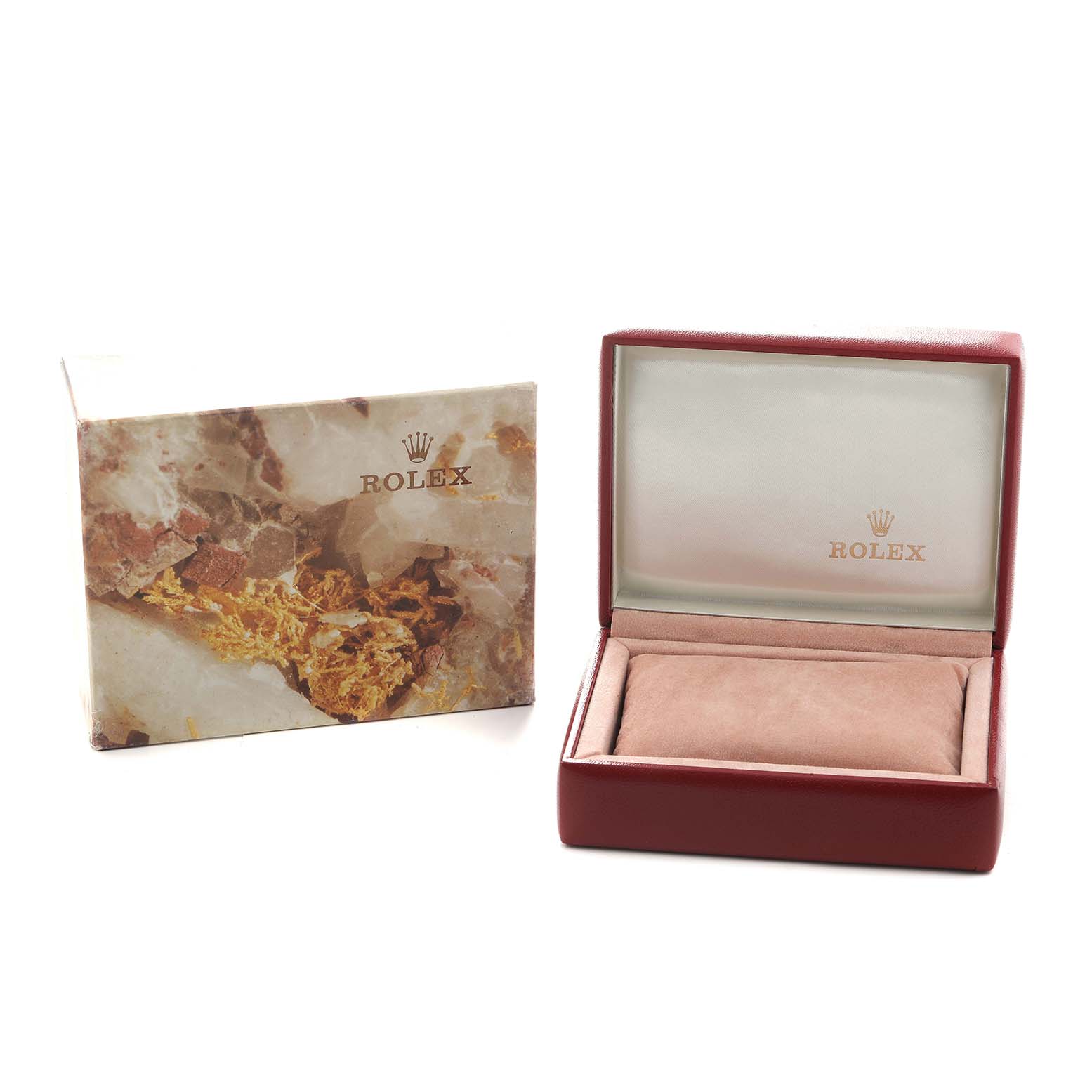 The image shows a Rolex Datejust 69173 Women's Steel and Gold (two tone) Silver Dial watch box and outer sleeve, both in a closed position.