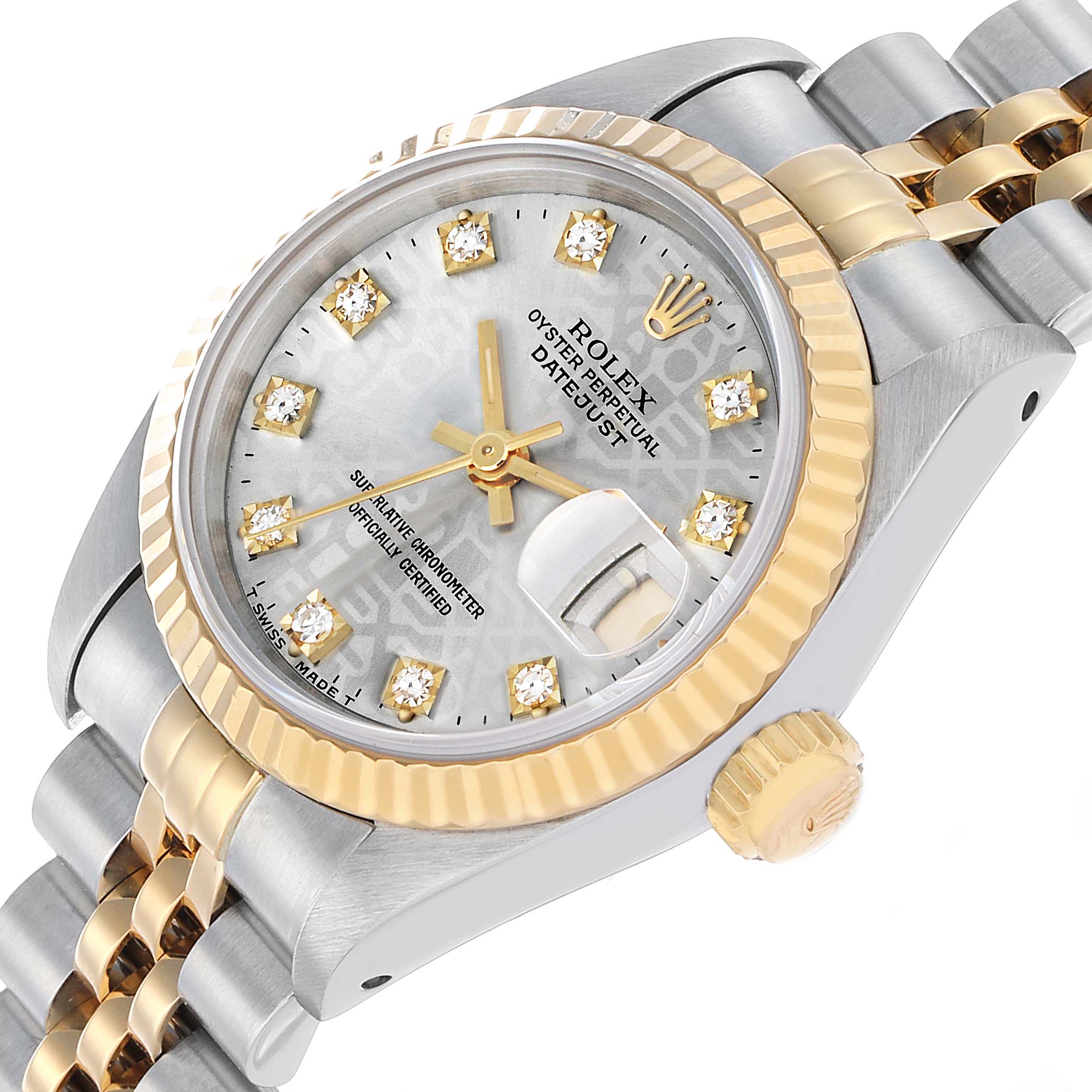 The image shows a close-up of a Rolex Datejust 69173 Women's Steel and Gold (two tone) Silver Dial watch at an angle displaying the dial, bezel, crown, and part of the bracelet.