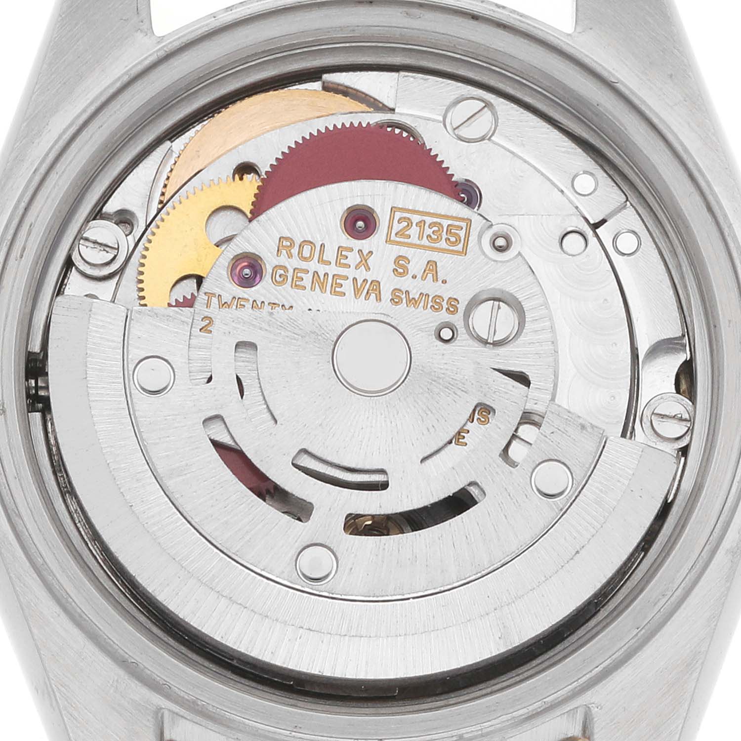 The image shows the back view of a Rolex Datejust 69173 Women's Steel and Gold (two tone) Silver Dial watch, highlighting its intricate internal movement.