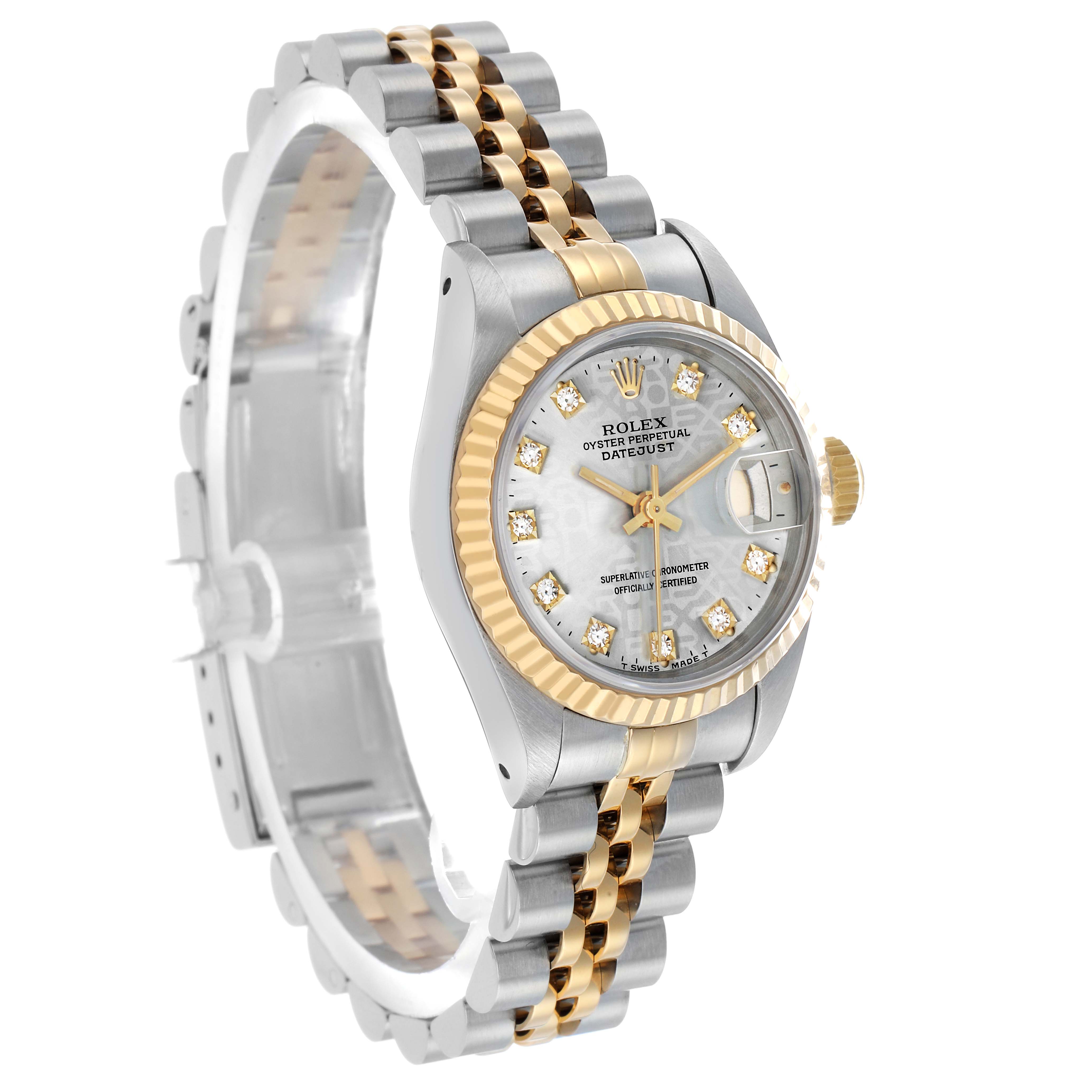 The Rolex Datejust 69173 Women's Steel and Gold (two tone) Silver Dial watch is shown at a slight angle, highlighting its face, bezel, crown, and bracelet.