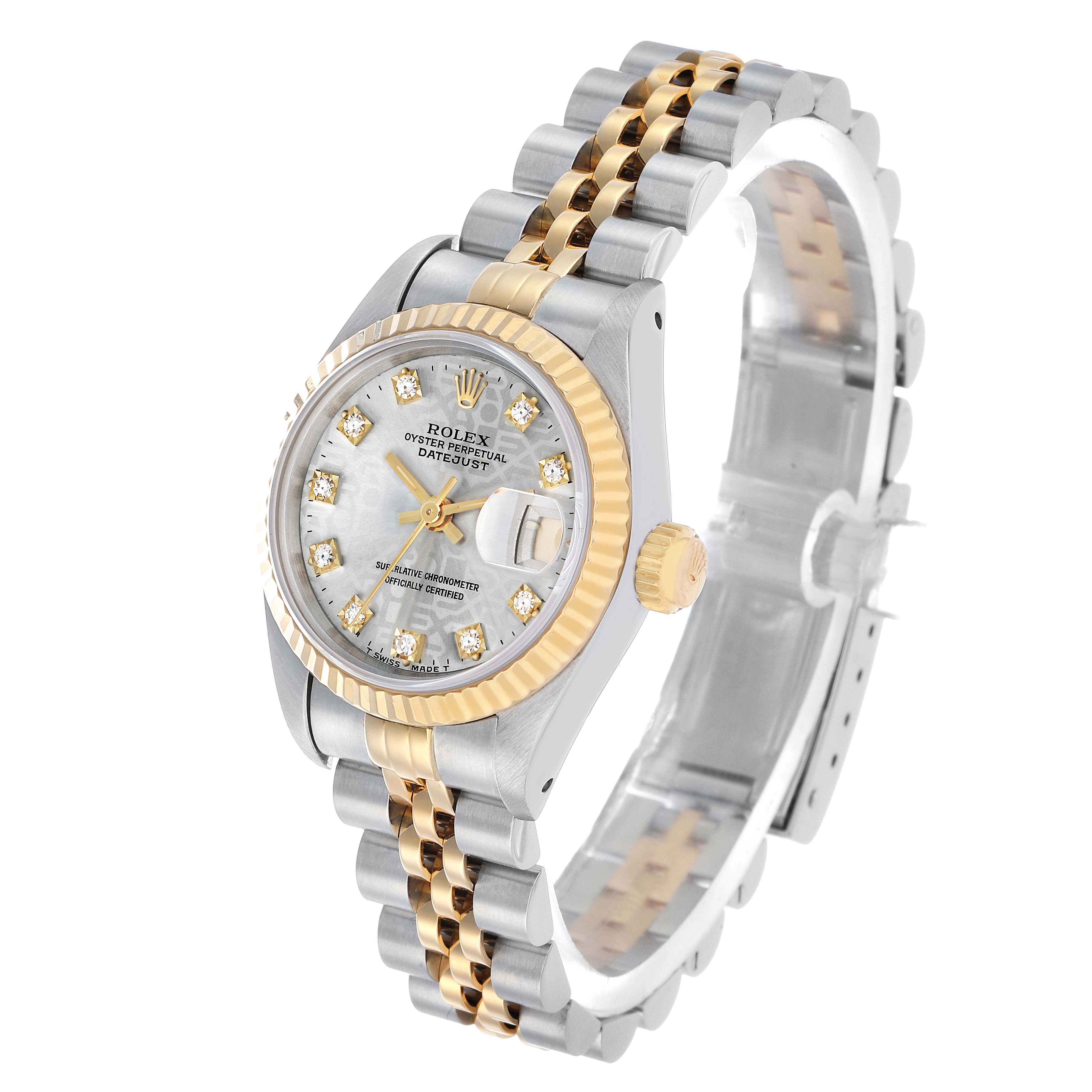 The Rolex Datejust 69173 Women's Steel and Gold (two tone) Silver Dial watch is shown at a three-quarter angle, highlighting the bezel, dial, crown, and two-tone bracelet.