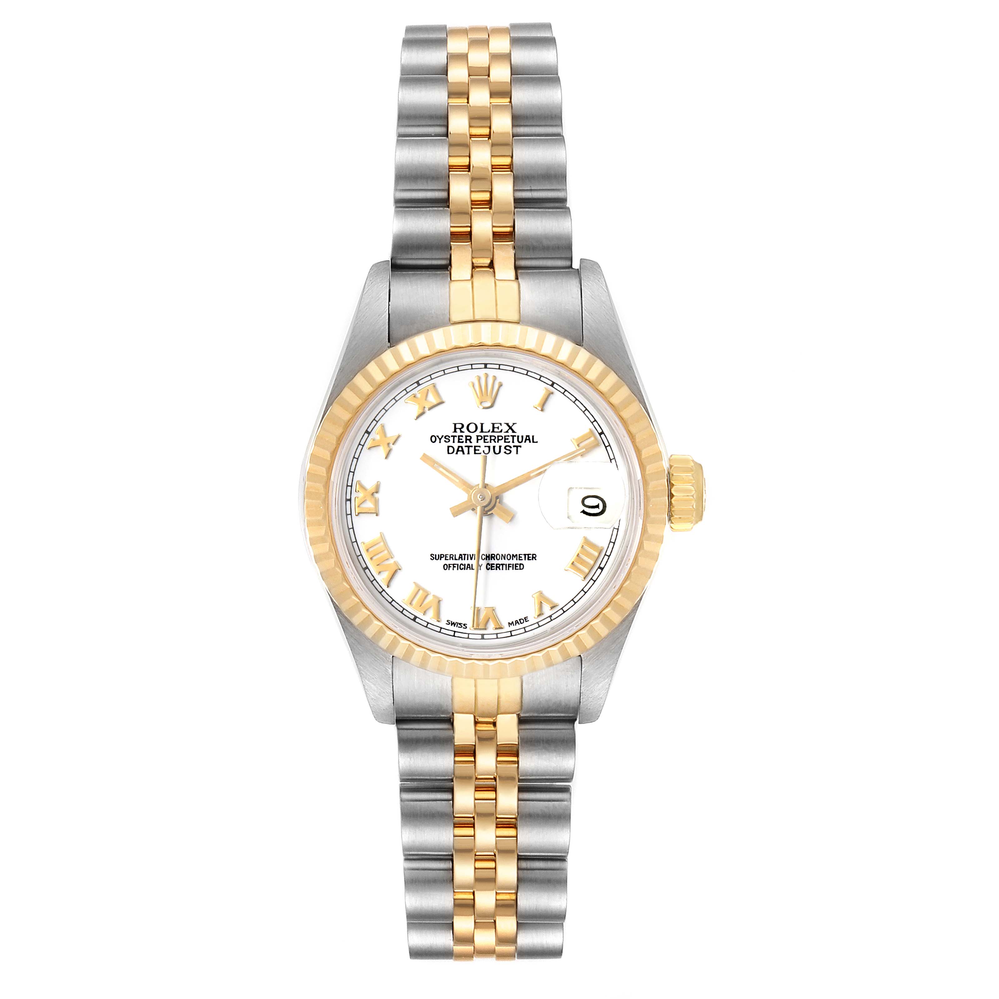 This image shows a frontal view of the Rolex Datejust 69173 Women's Steel and Gold (two tone) White Dial 69173 Women's Steel and Gold (two tone) White Dial watch, displaying its two-tone bracelet, gold bezel, and white dial with date window.