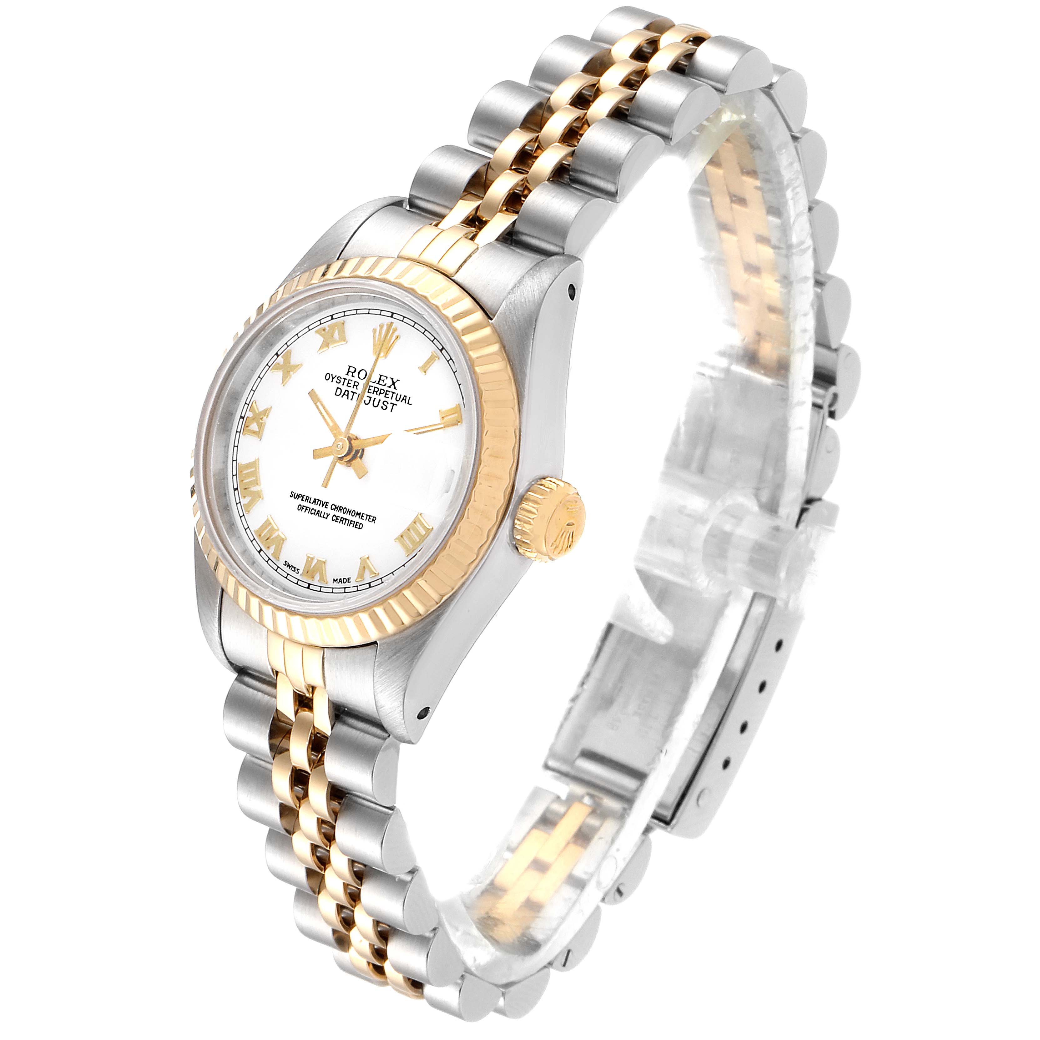 The Rolex Datejust 69173 Women's Steel and Gold (two tone) White Dial 69173 Women's Steel and Gold (two tone) White Dial watch is shown at an angle highlighting the dial, bezel, crown, and two-tone Jubilee bracelet.