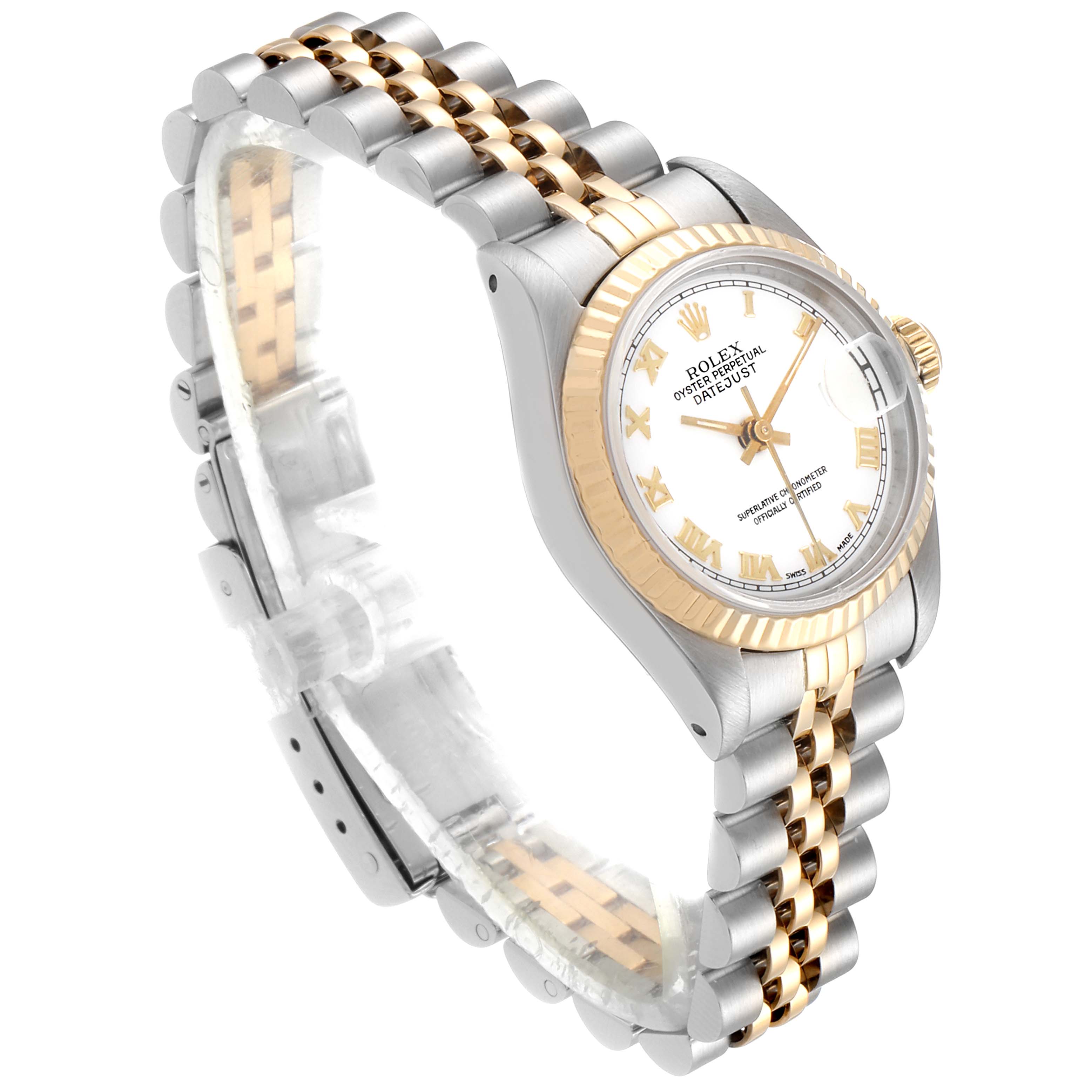 This Rolex Datejust 69173 Women's Steel and Gold (two tone) White Dial 69173 Women's Steel and Gold (two tone) White Dial watch is shown from a side angle, highlighting its two-tone metal bracelet and white dial with gold markers.