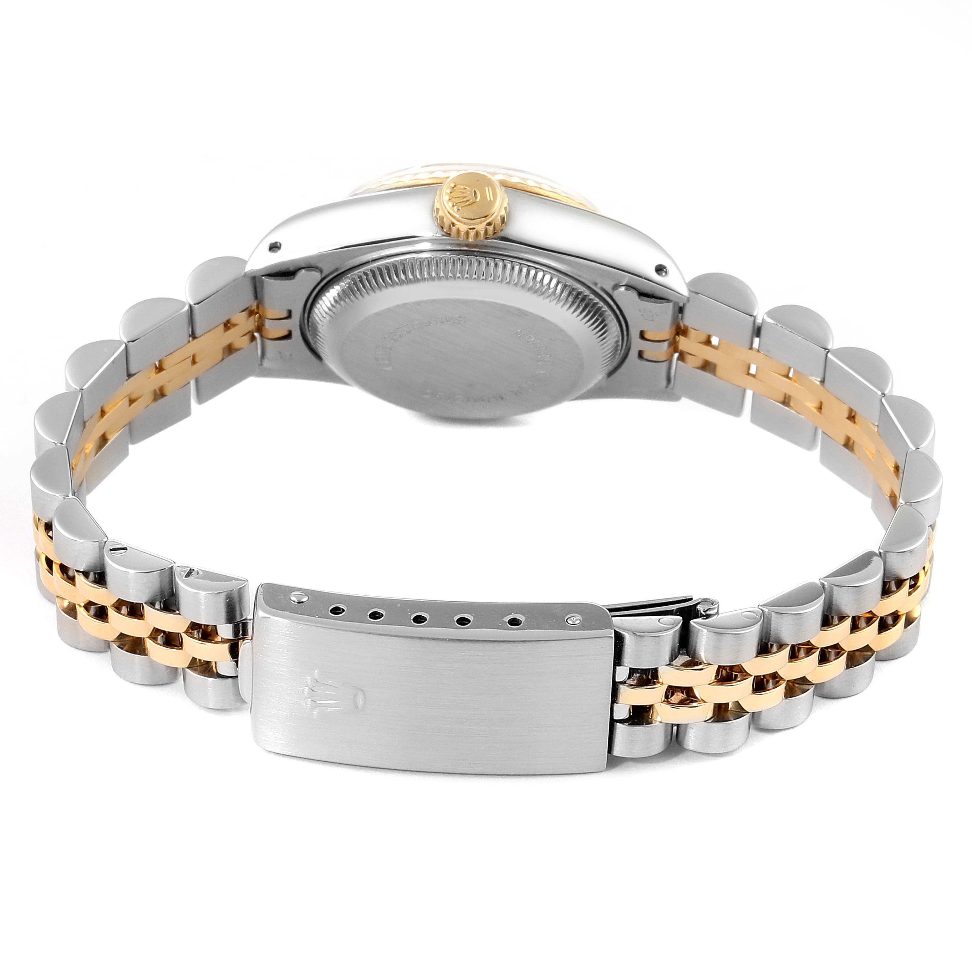 The image shows the back and clasp of a Rolex Datejust 69173 Women's Steel and Gold (two tone) White Dial 69173 Women's Steel and Gold (two tone) White Dial watch, highlighting the two-tone bracelet and crown.