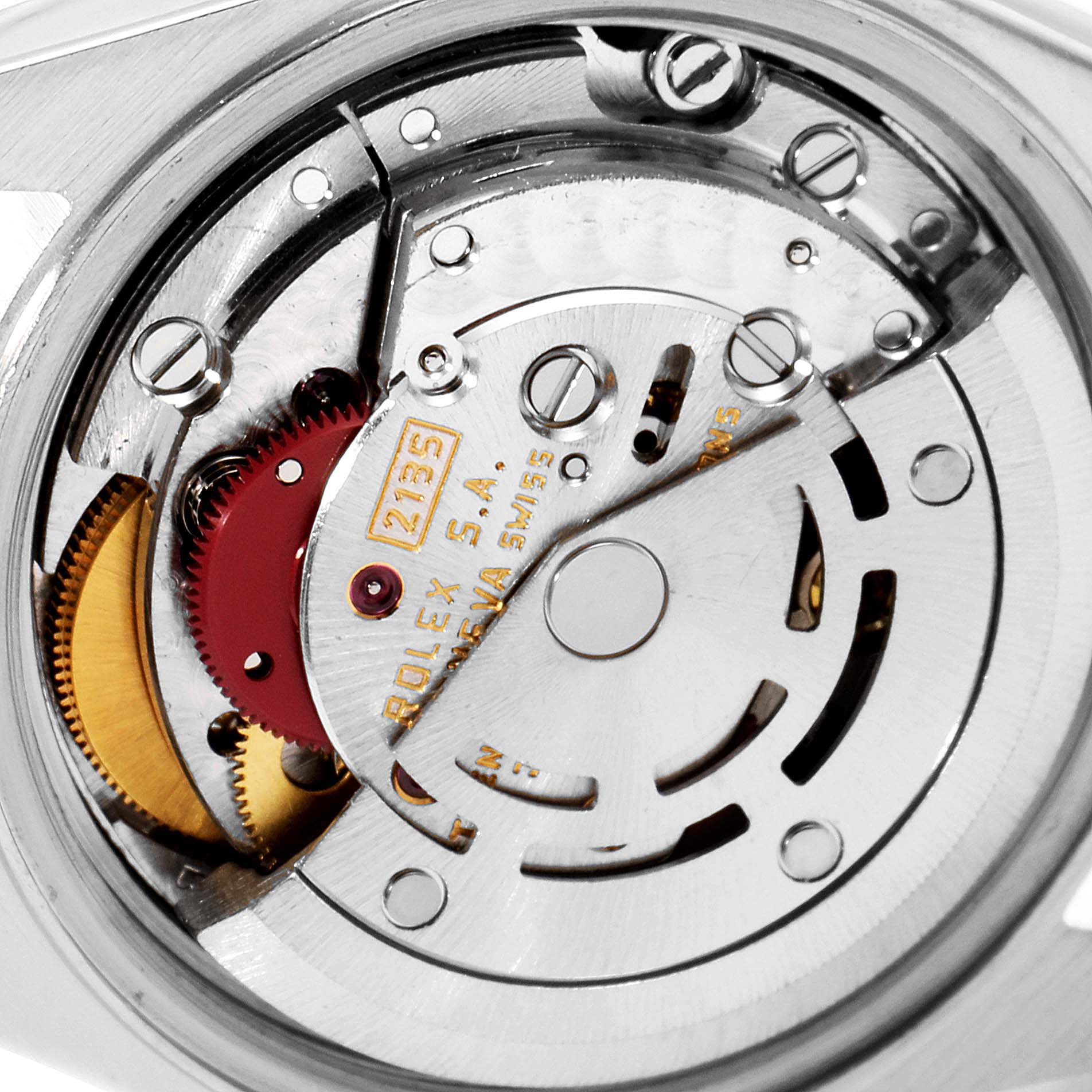 This is a close-up view of the inner mechanical movement of the Rolex Datejust 69173 Women's Steel and Gold (two tone) White Dial 69173 Women's Steel and Gold (two tone) White Dial watch, showing gears and intricate parts.