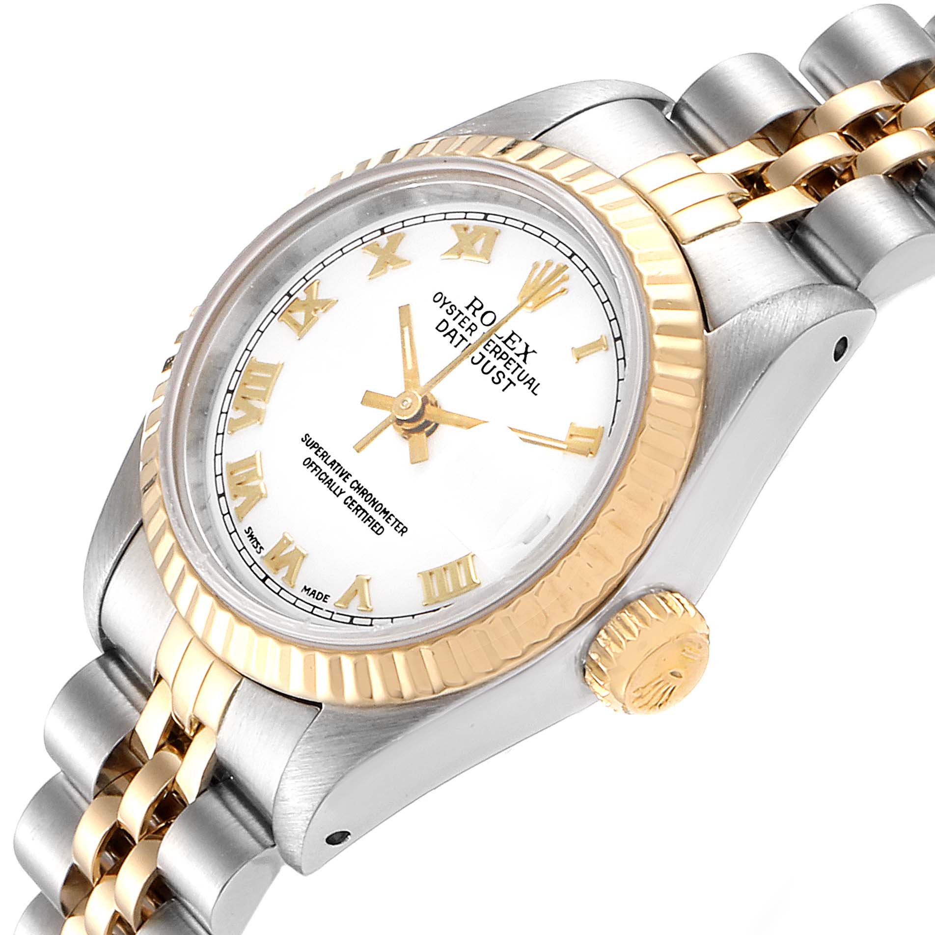 The image shows a Rolex Datejust 69173 Women's Steel and Gold (two tone) White Dial 69173 Women's Steel and Gold (two tone) White Dial watch angled from the upper-right, highlighting the dial, bezel, and part of the bracelet.
