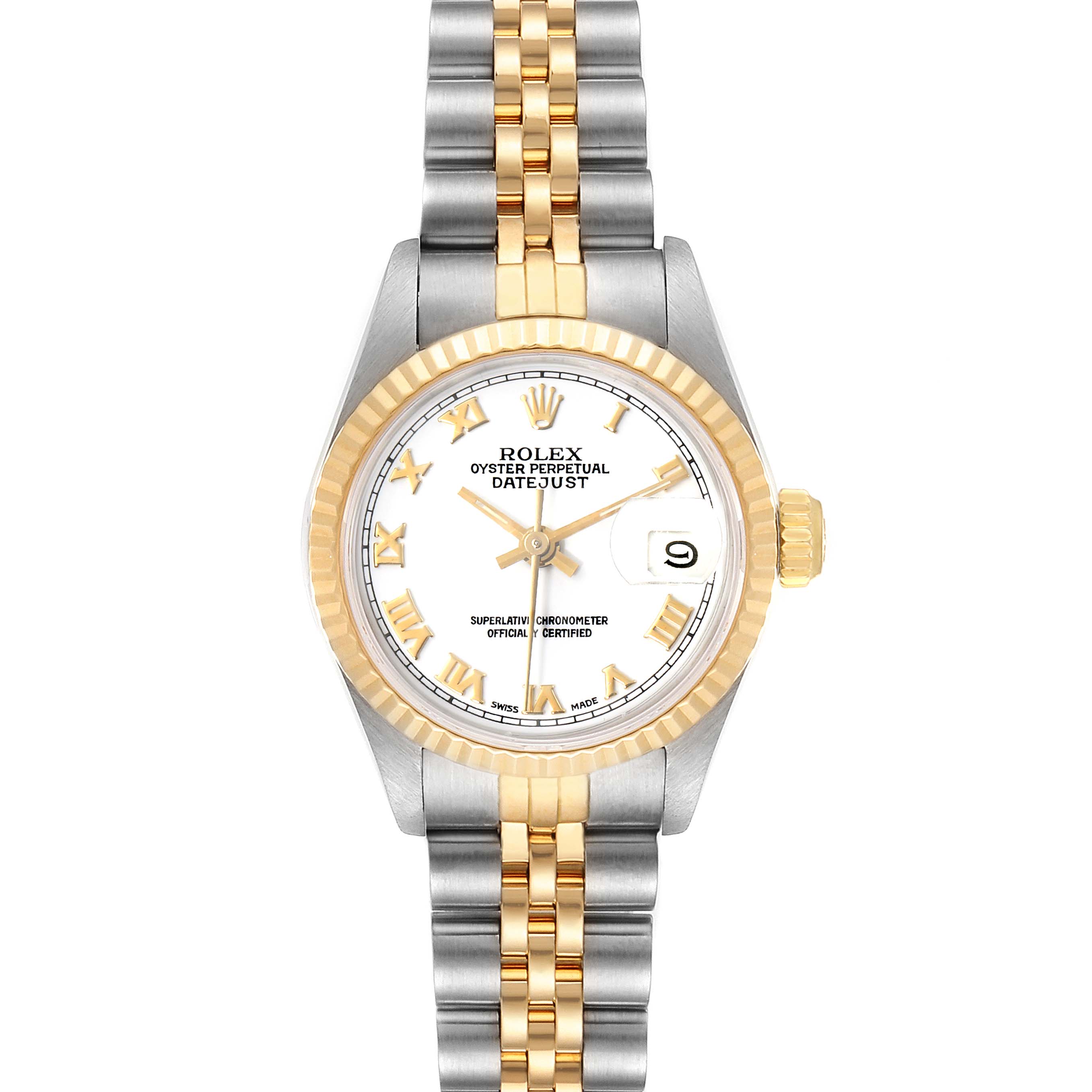 Front view of a Rolex Datejust 69173 Women's Steel and Gold (two tone) White Dial 69173 Women's Steel and Gold (two tone) White Dial showing the dial, bracelet, crown, and bezel.