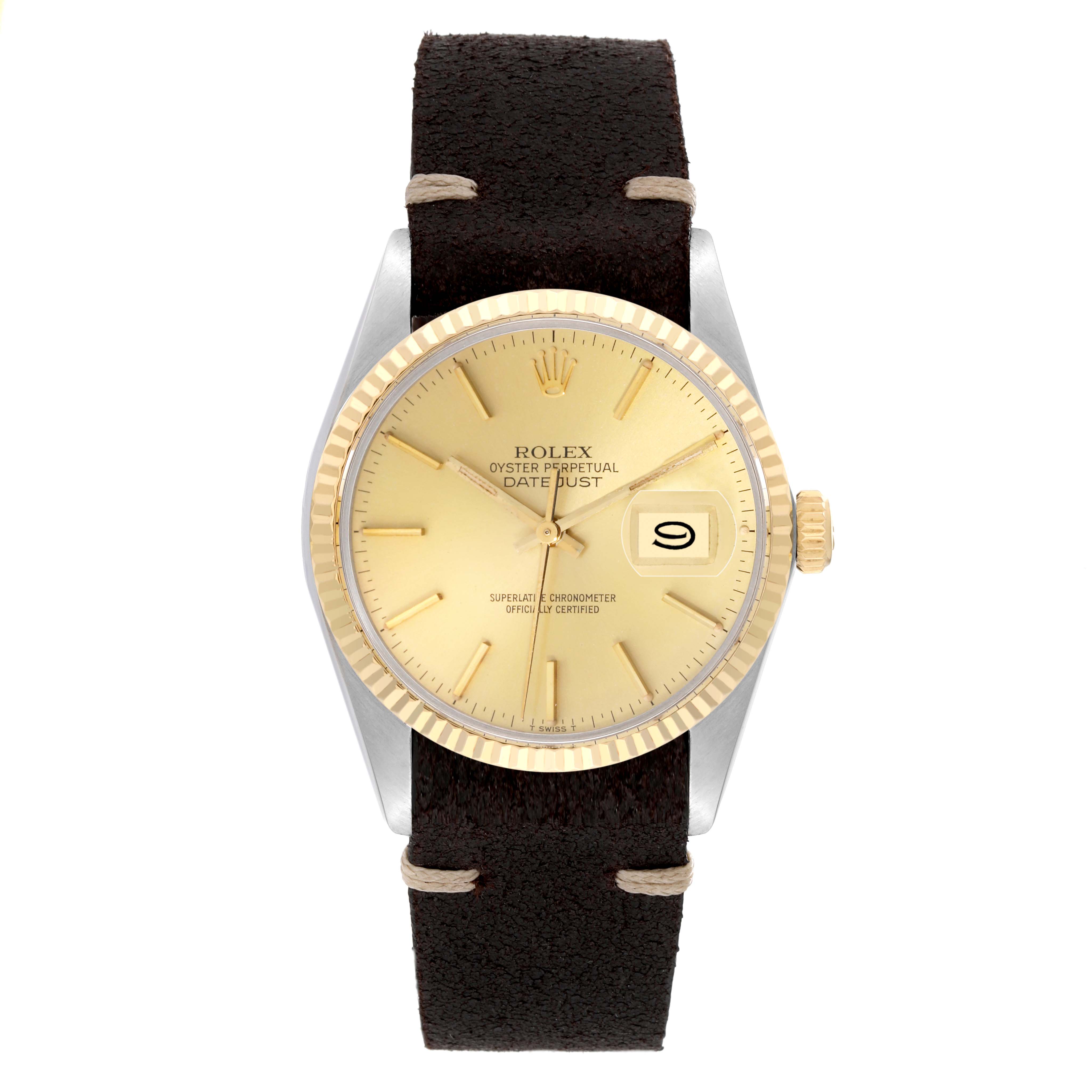 The Rolex Vintage Collection 16013 Men's Steel and Gold (two tone) Champagne Dial watch is shown from a top view, highlighting the dial, crown, bezel, and leather strap.