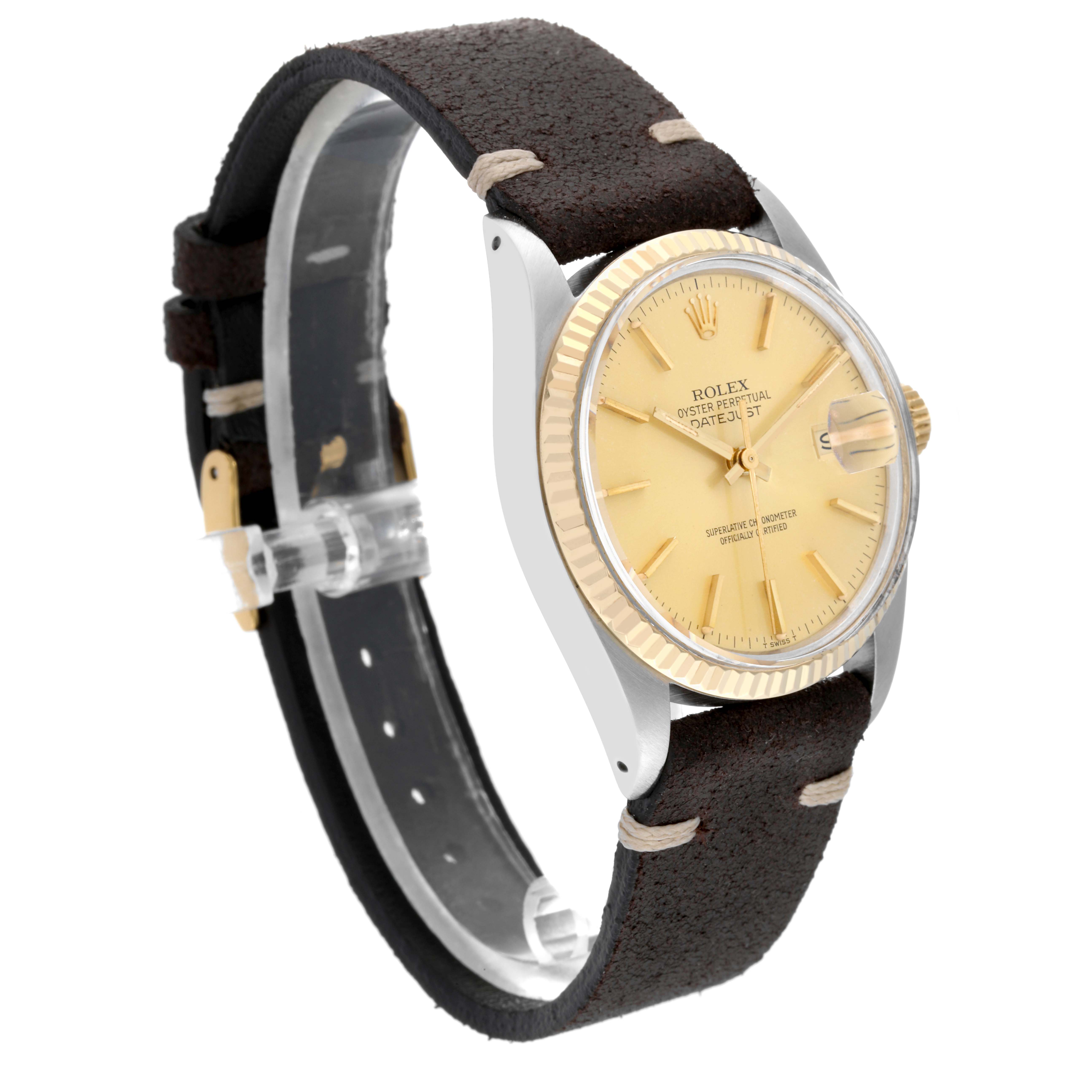 The Rolex Vintage Collection 16013 Men's Steel and Gold (two tone) Champagne Dial watch is shown at a side angle, displaying its gold bezel, dial, and brown leather strap.