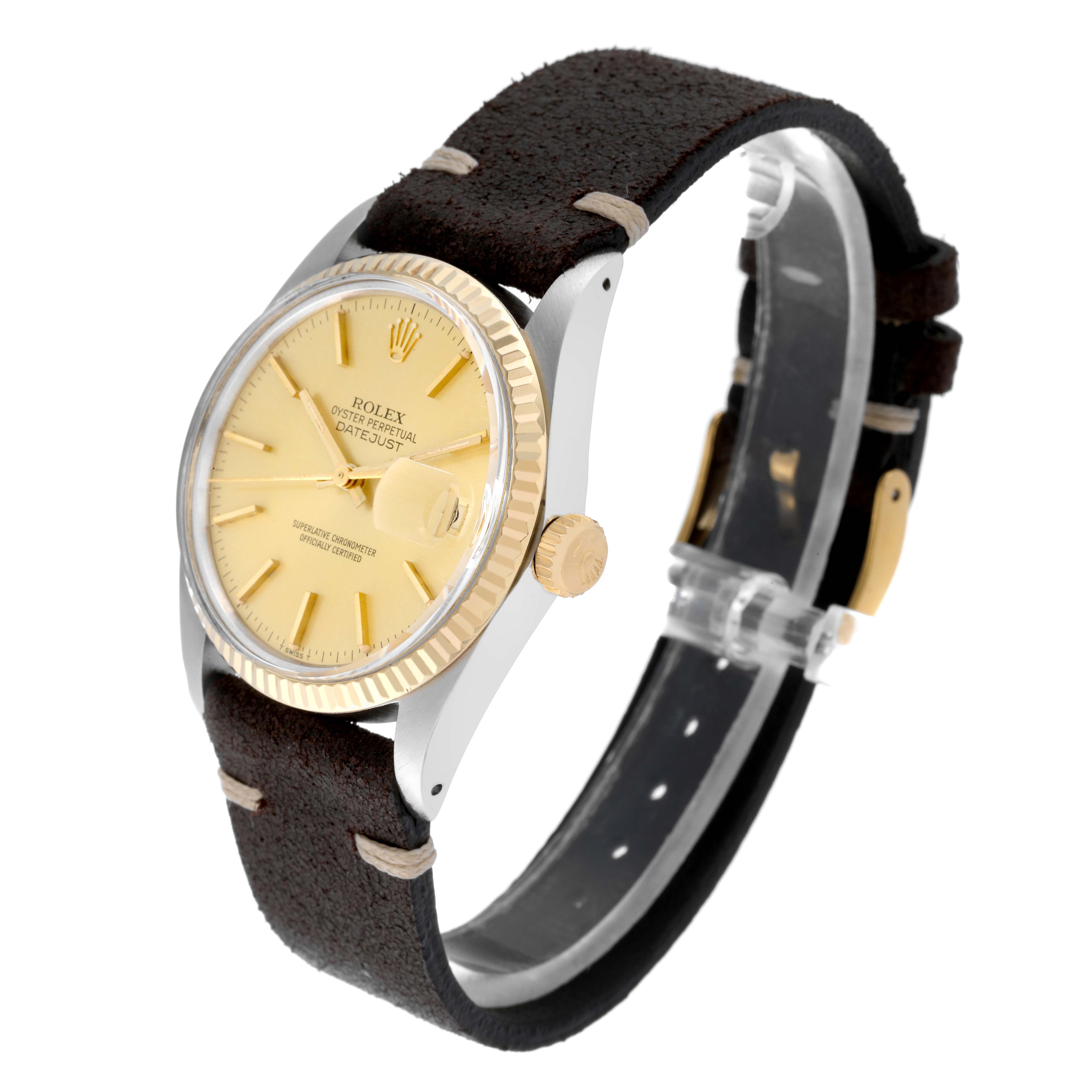 The Rolex Vintage Collection 16013 Men's Steel and Gold (two tone) Champagne Dial watch is shown from a slight side angle, displaying the face, bezel, crown, and strap.